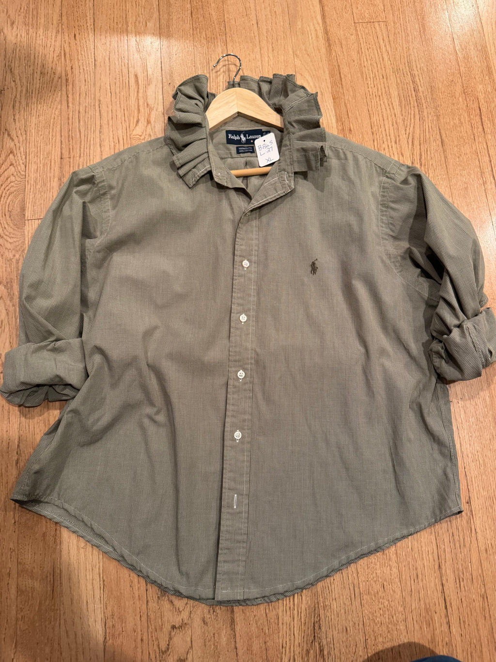 Ralph Lauren - PSmall Green Gingham - Long Sleeve - Ruffle Collar - Size XL