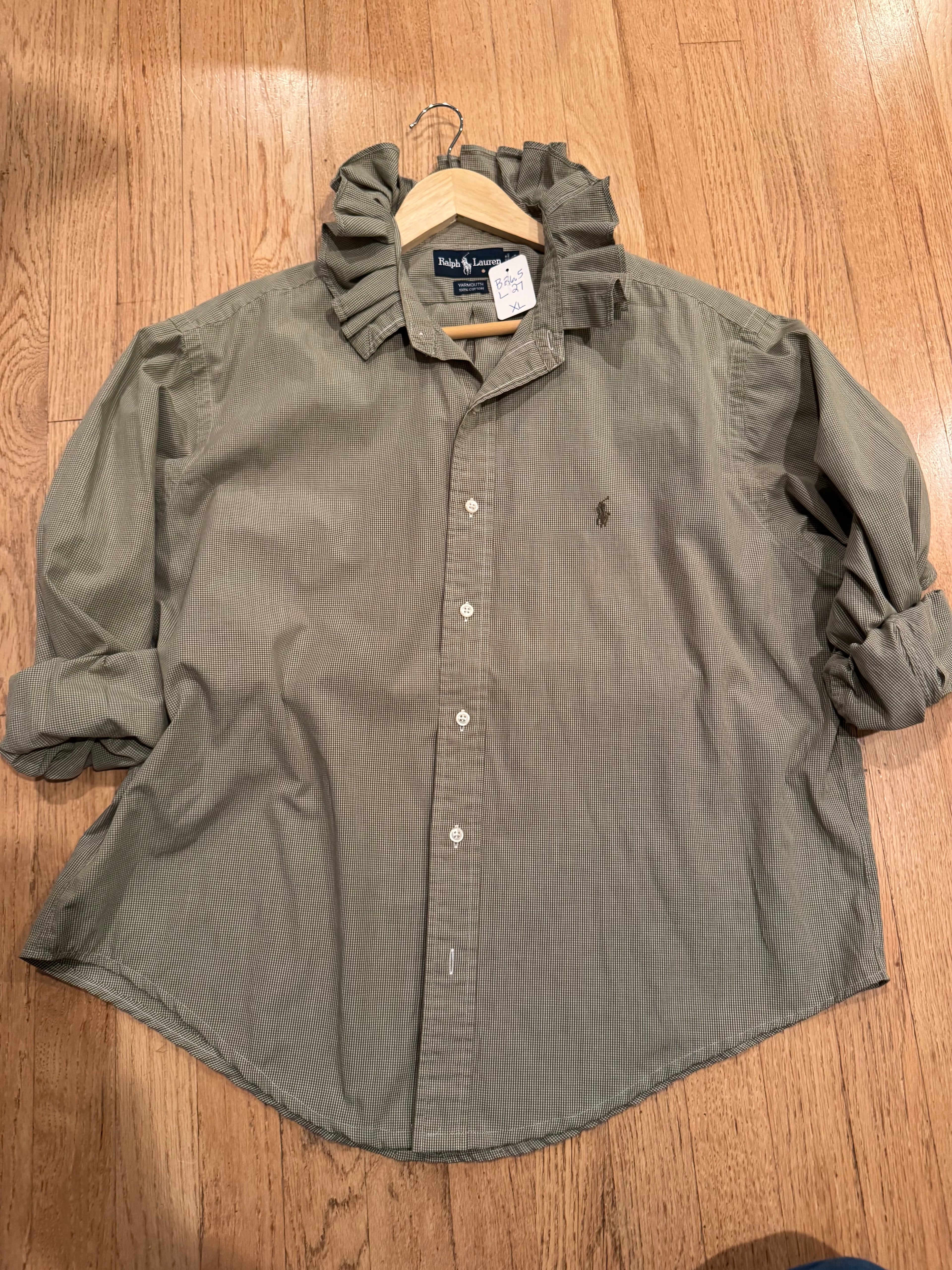 Ralph Lauren - PSmall Green Gingham - Long Sleeve - Ruffle Collar - Size XL