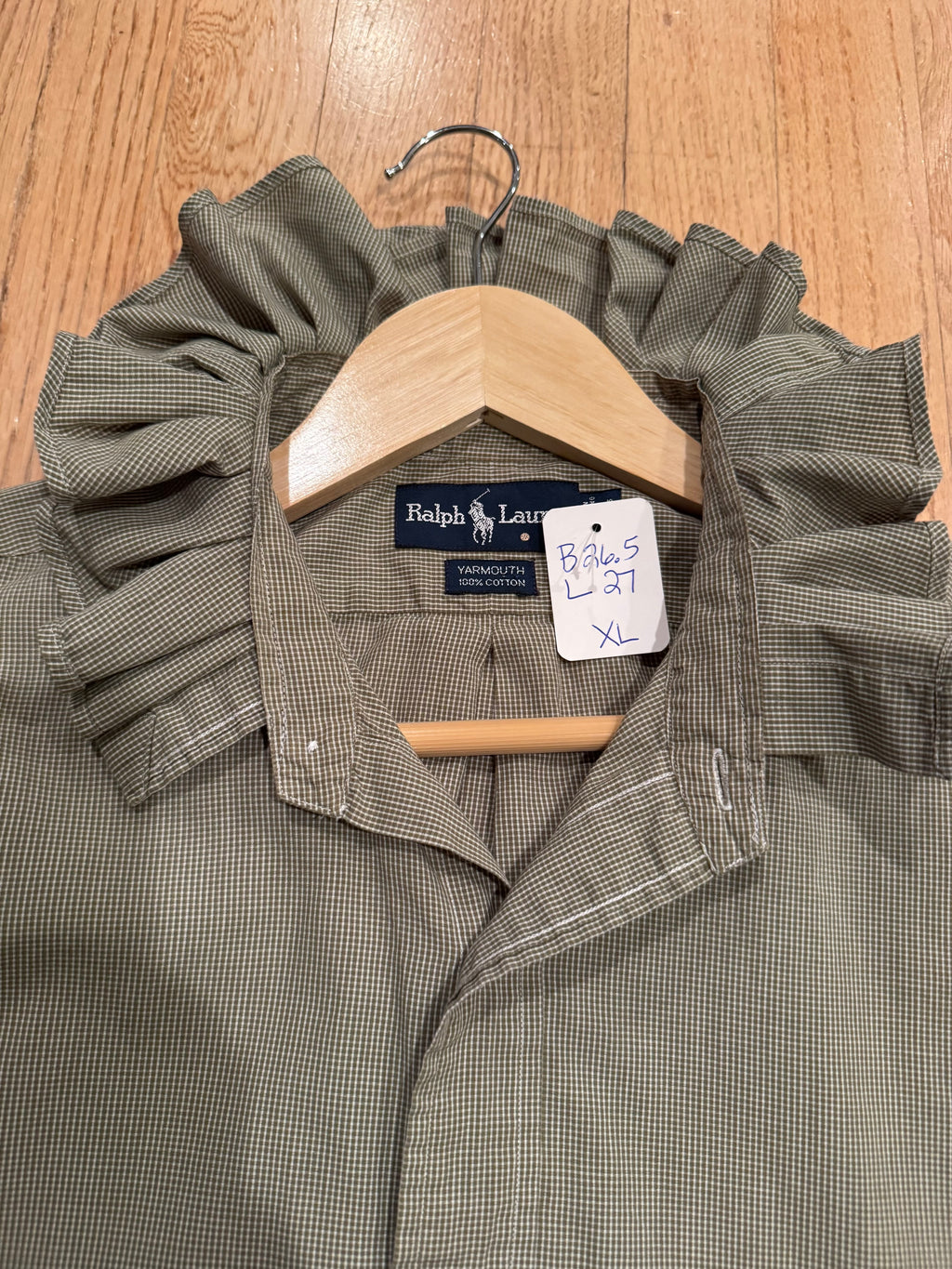 Ralph Lauren - PSmall Green Gingham - Long Sleeve - Ruffle Collar - Size XL
