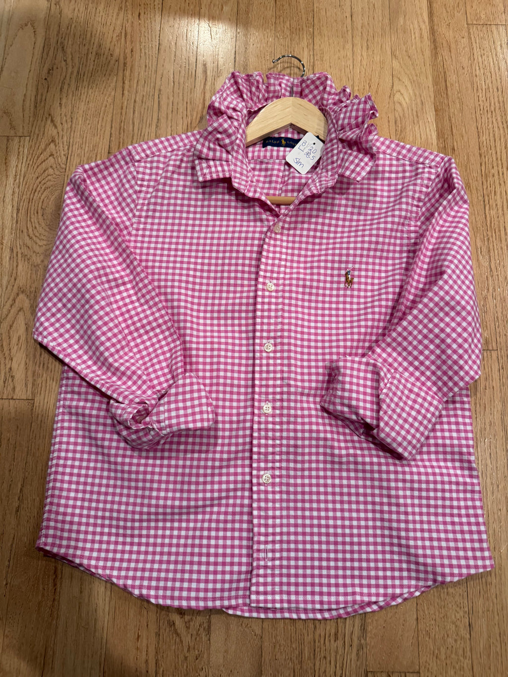Ralph Lauren - Pink GIngham - Long Sleeve - Ruffle Collar - Size S/M