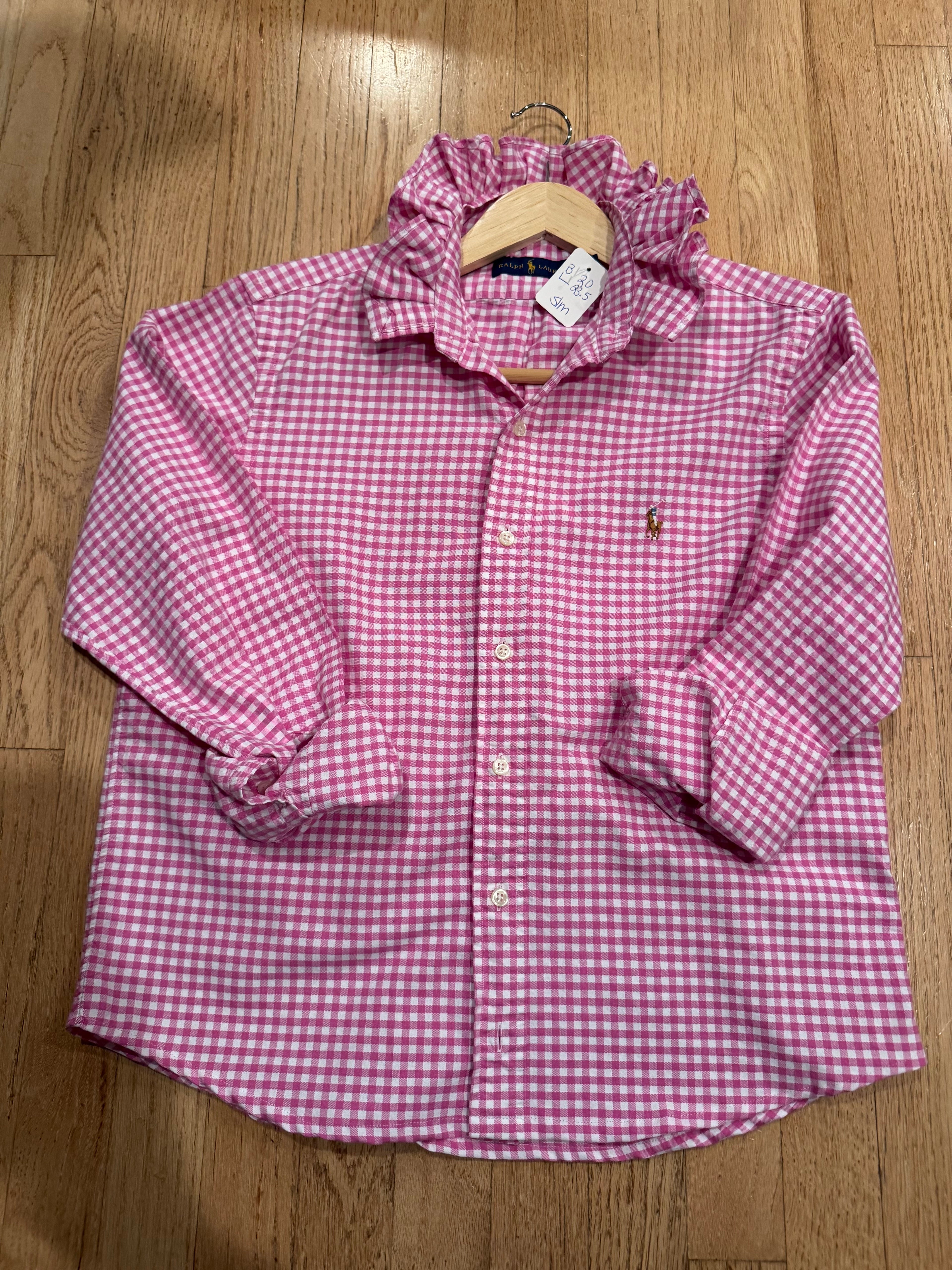 Ralph Lauren - Pink GIngham - Long Sleeve - Ruffle Collar - Size S/M