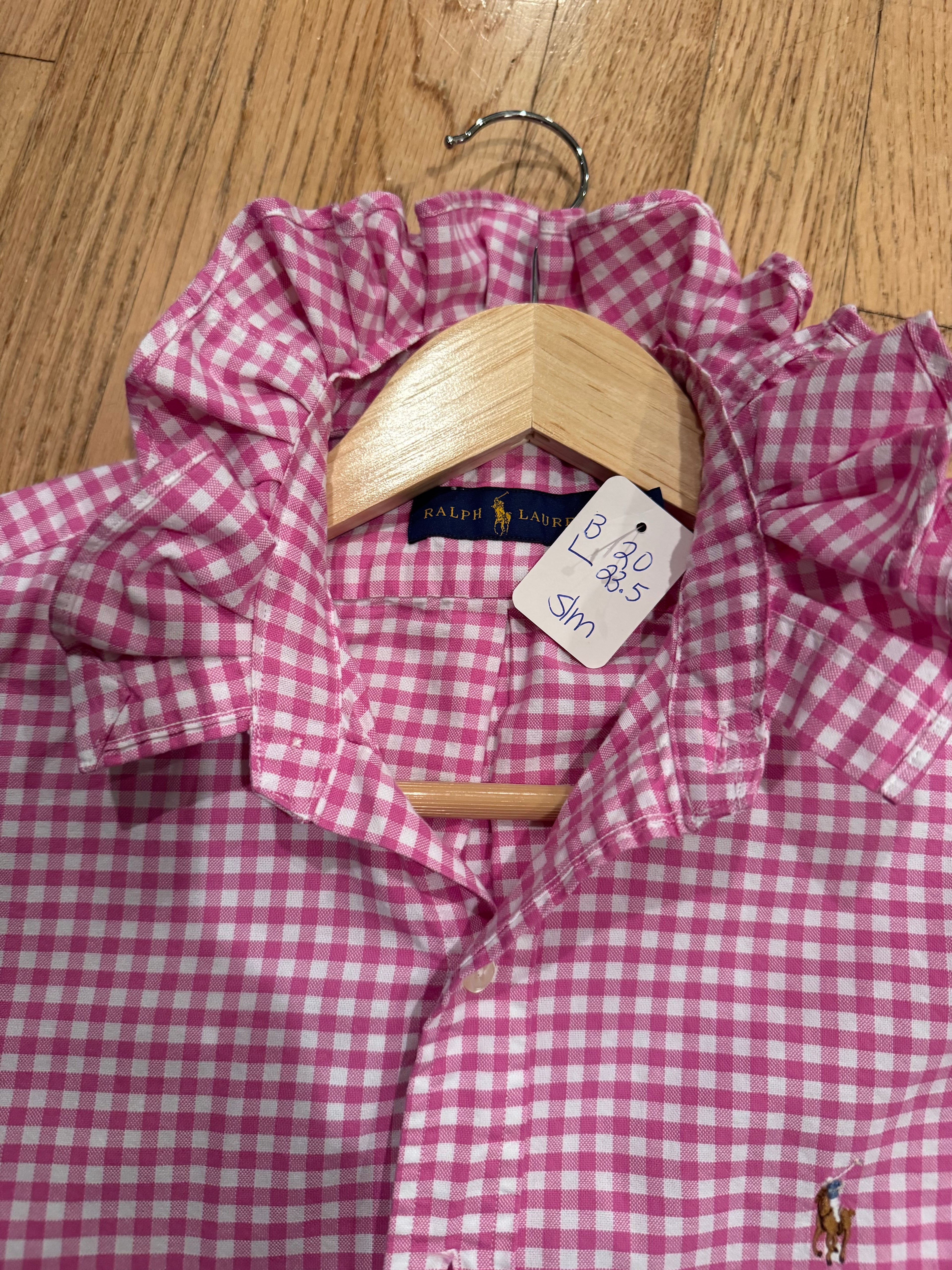 Ralph Lauren - Pink GIngham - Long Sleeve - Ruffle Collar - Size S/M