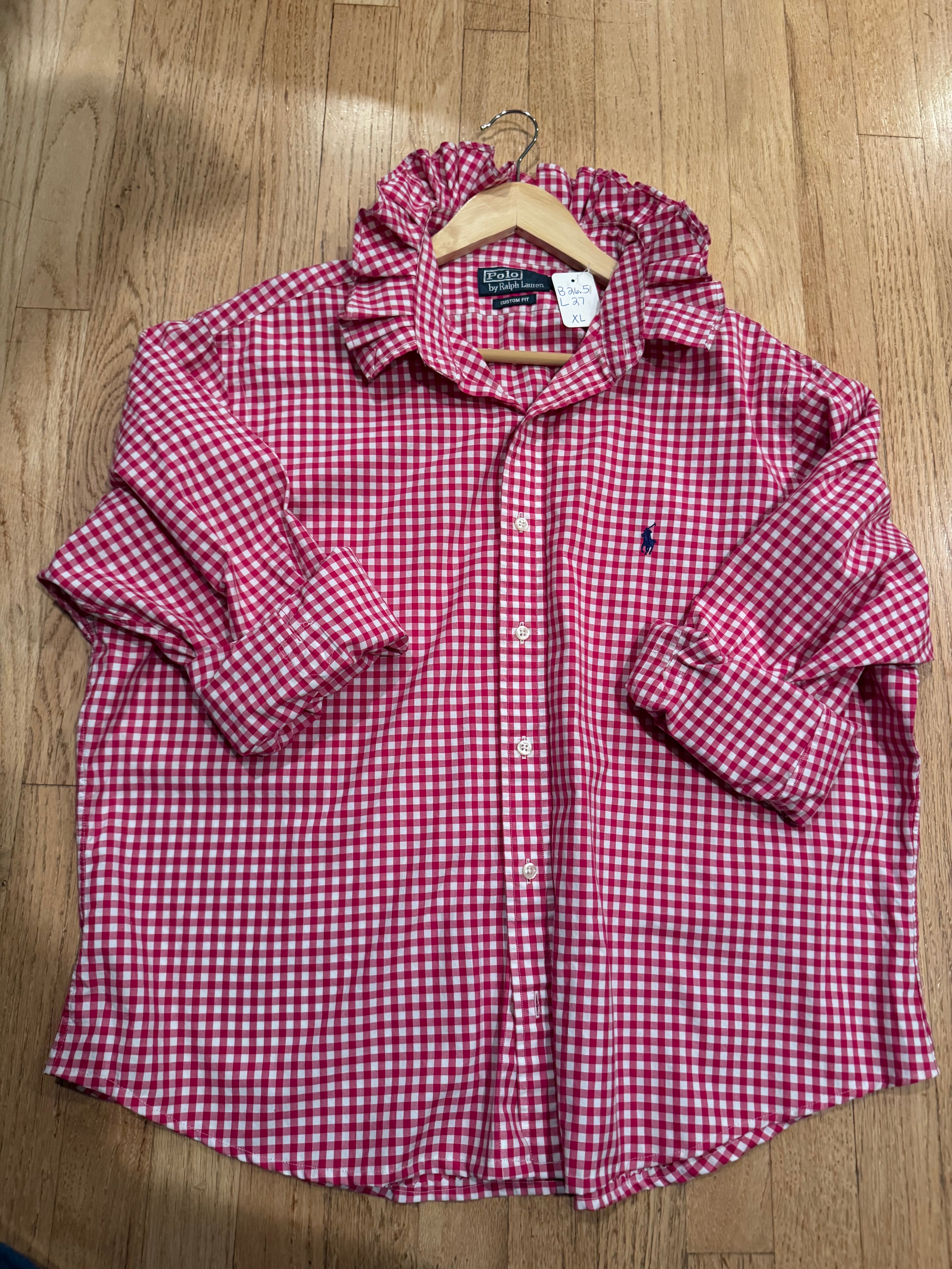 Ralph Lauren - Dark Pink Gingham- Long Sleeve - Ruffle Collar - Size XL