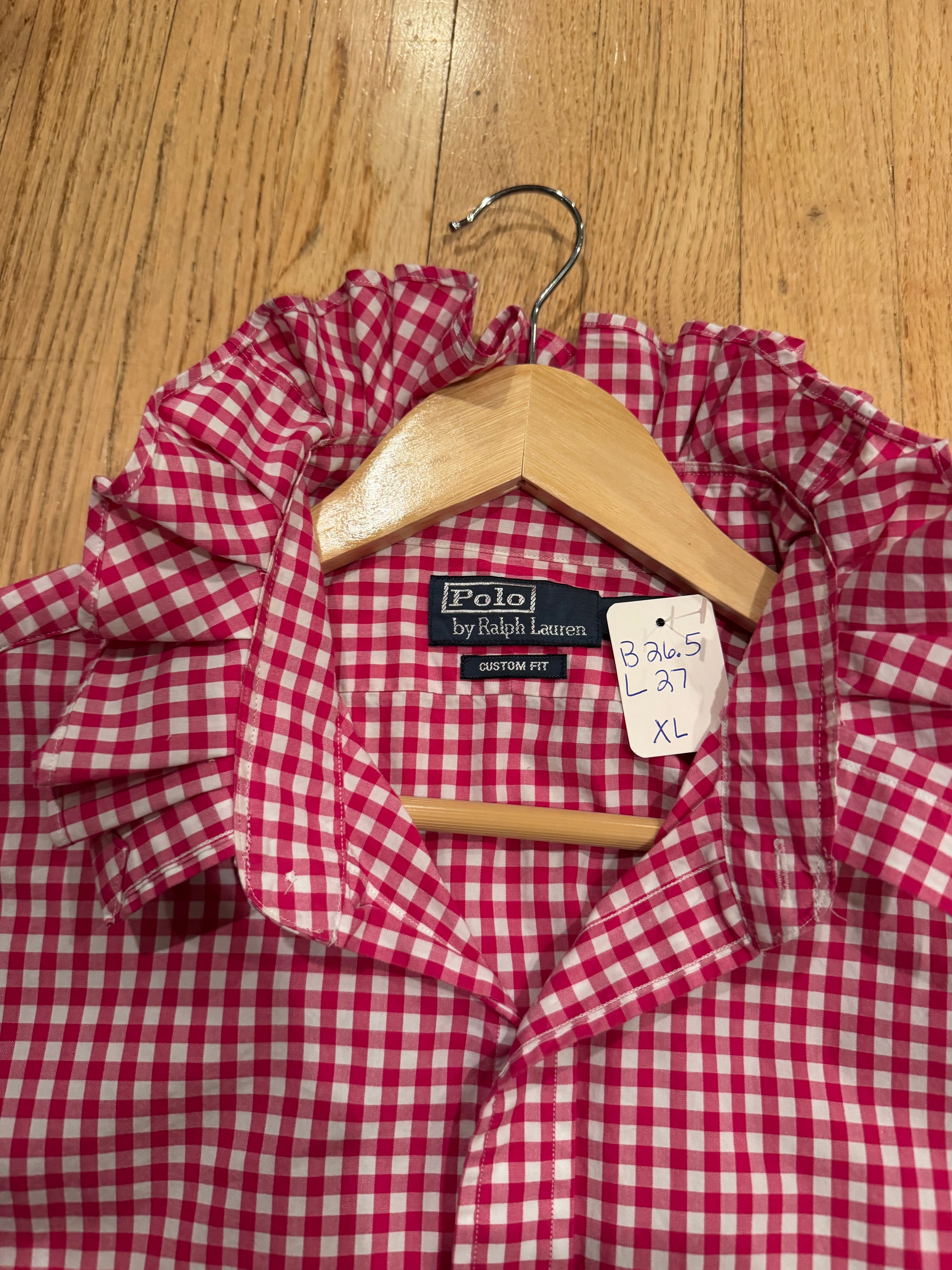 Ralph Lauren - Dark Pink Gingham- Long Sleeve - Ruffle Collar - Size XL