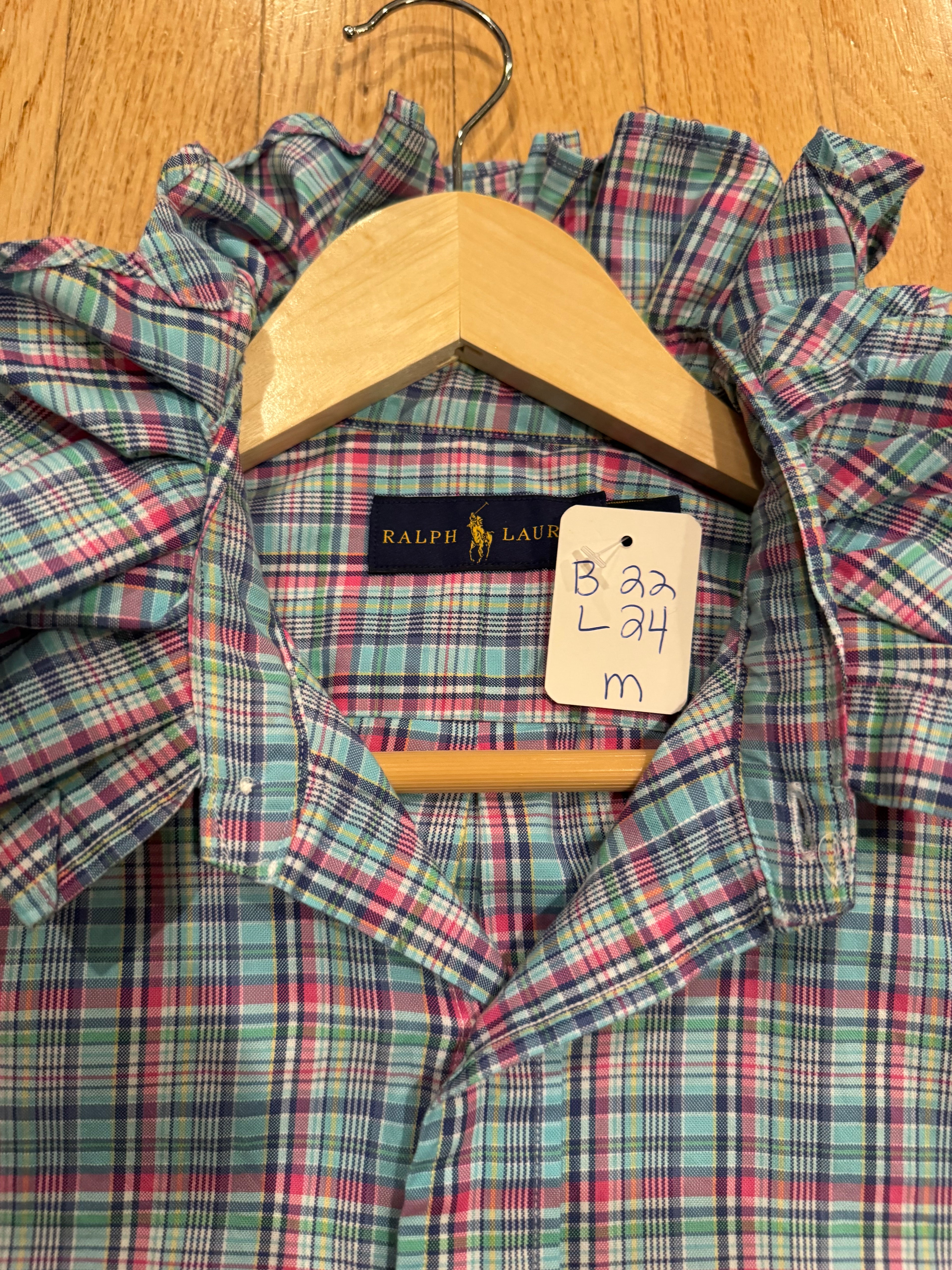 Ralph Lauren - Turquoise Plaid - Long  Sleeve - Ruffle Collar - Size Medium