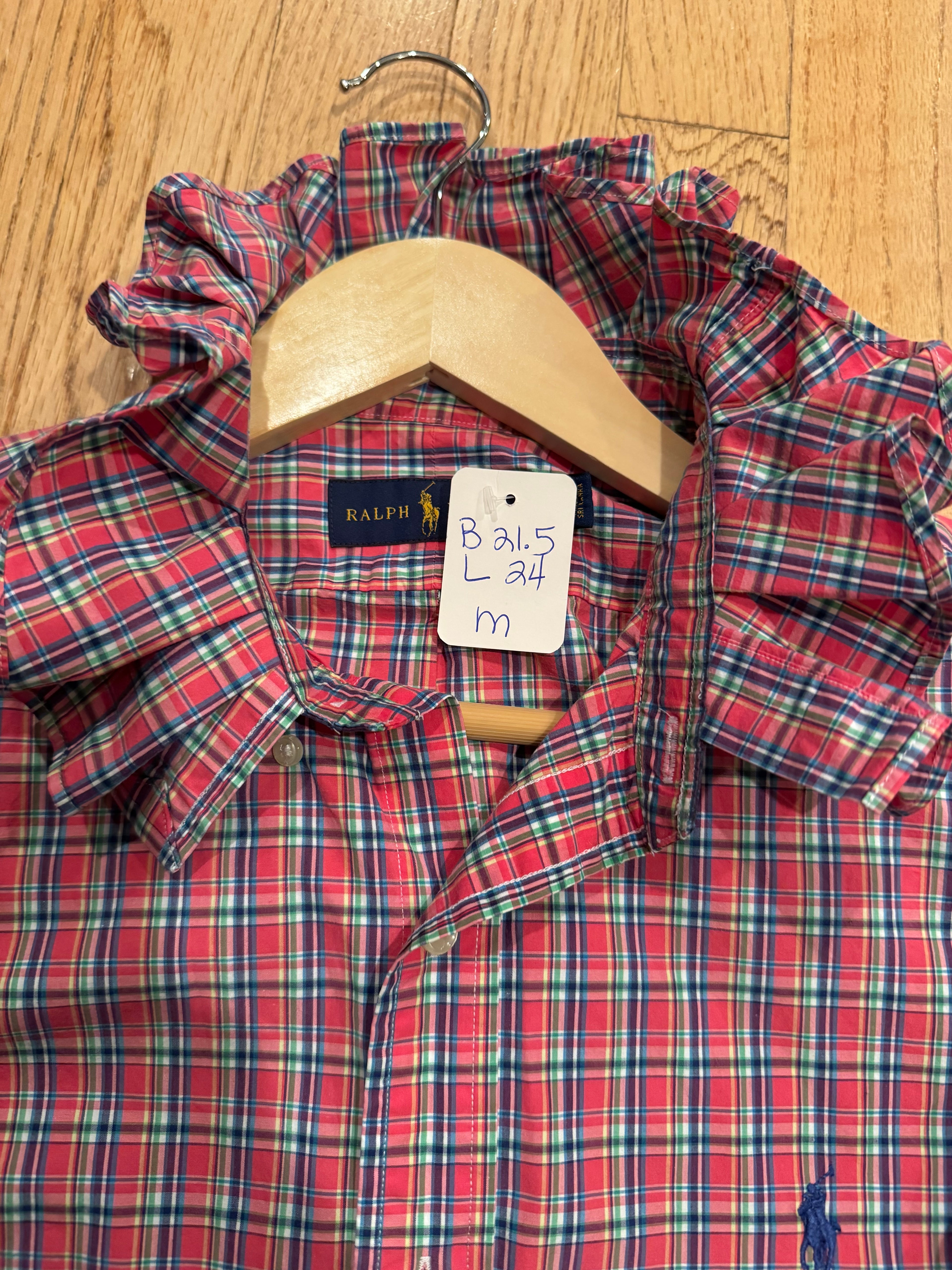 Ralph Lauren - Dark Pink Plaid - Long  Sleeve - Ruffle Collar - Size Medium