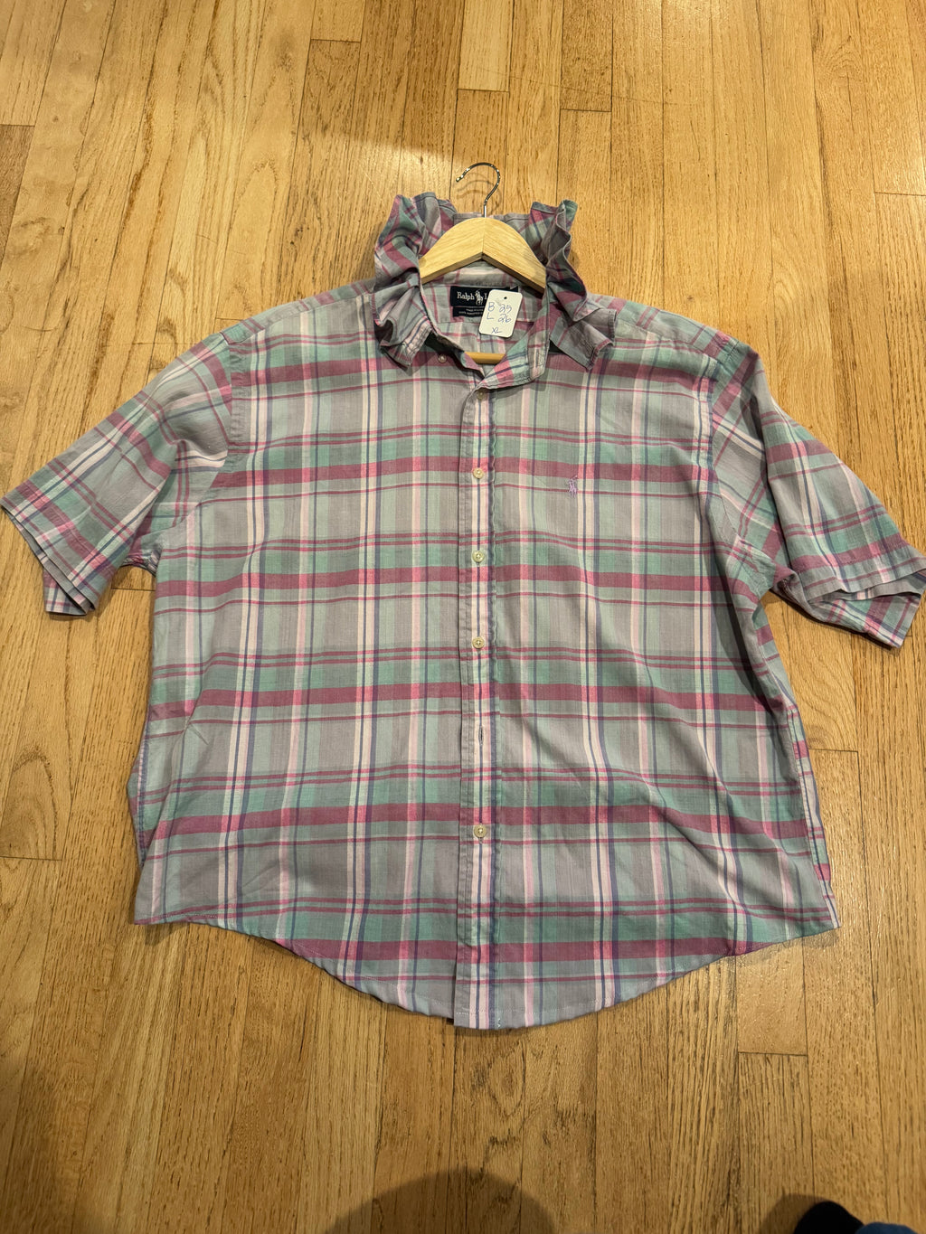 Ralph Lauren - Pastel Plaid - Short Sleeve - Ruffle Collar - Size XL