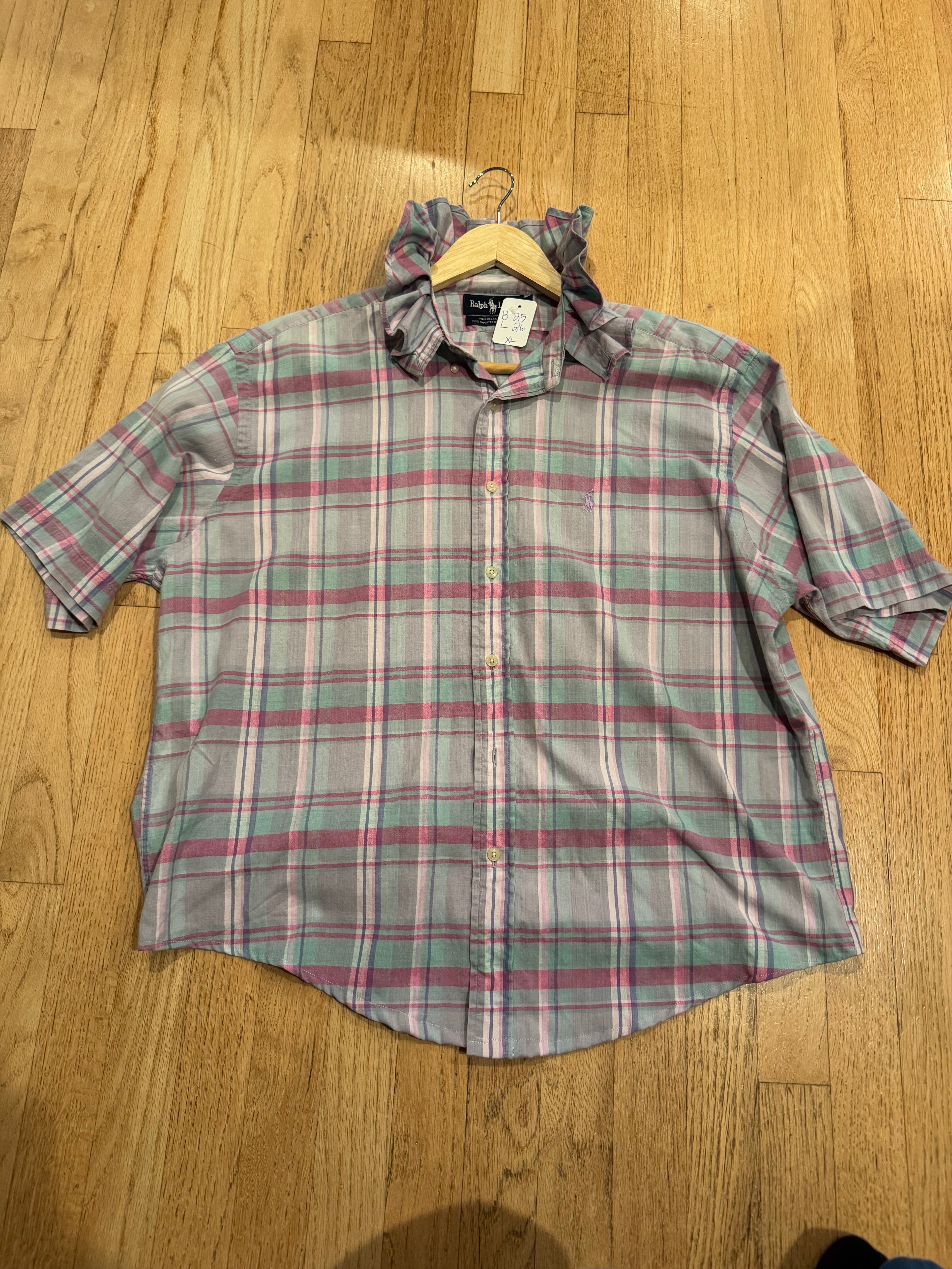 Ralph Lauren - Pastel Plaid - Short Sleeve - Ruffle Collar - Size XL