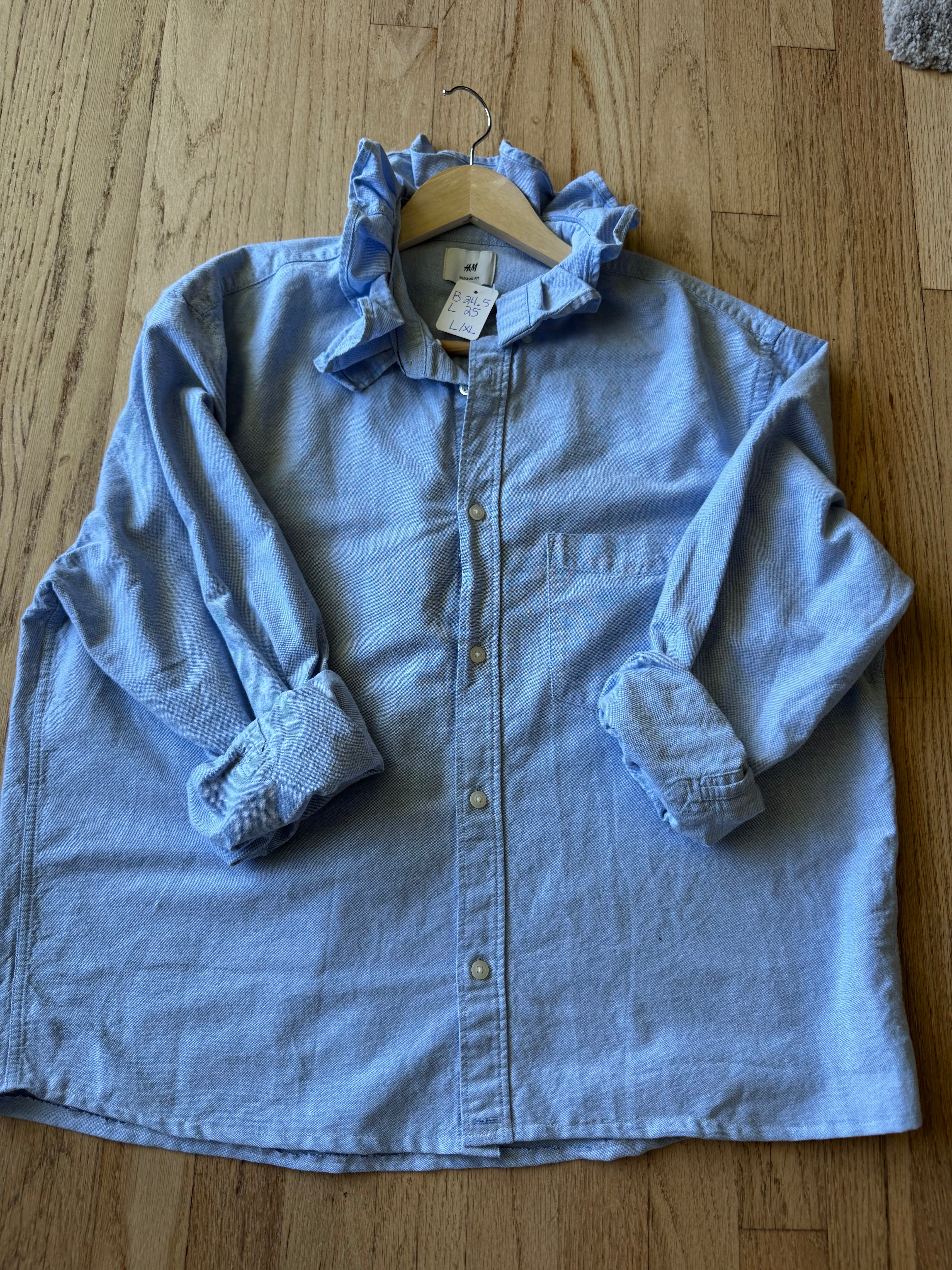 Basics - H&M Reworked Men’s Shirt with Ruffle Collar Chambray Women’s Size Large/XL