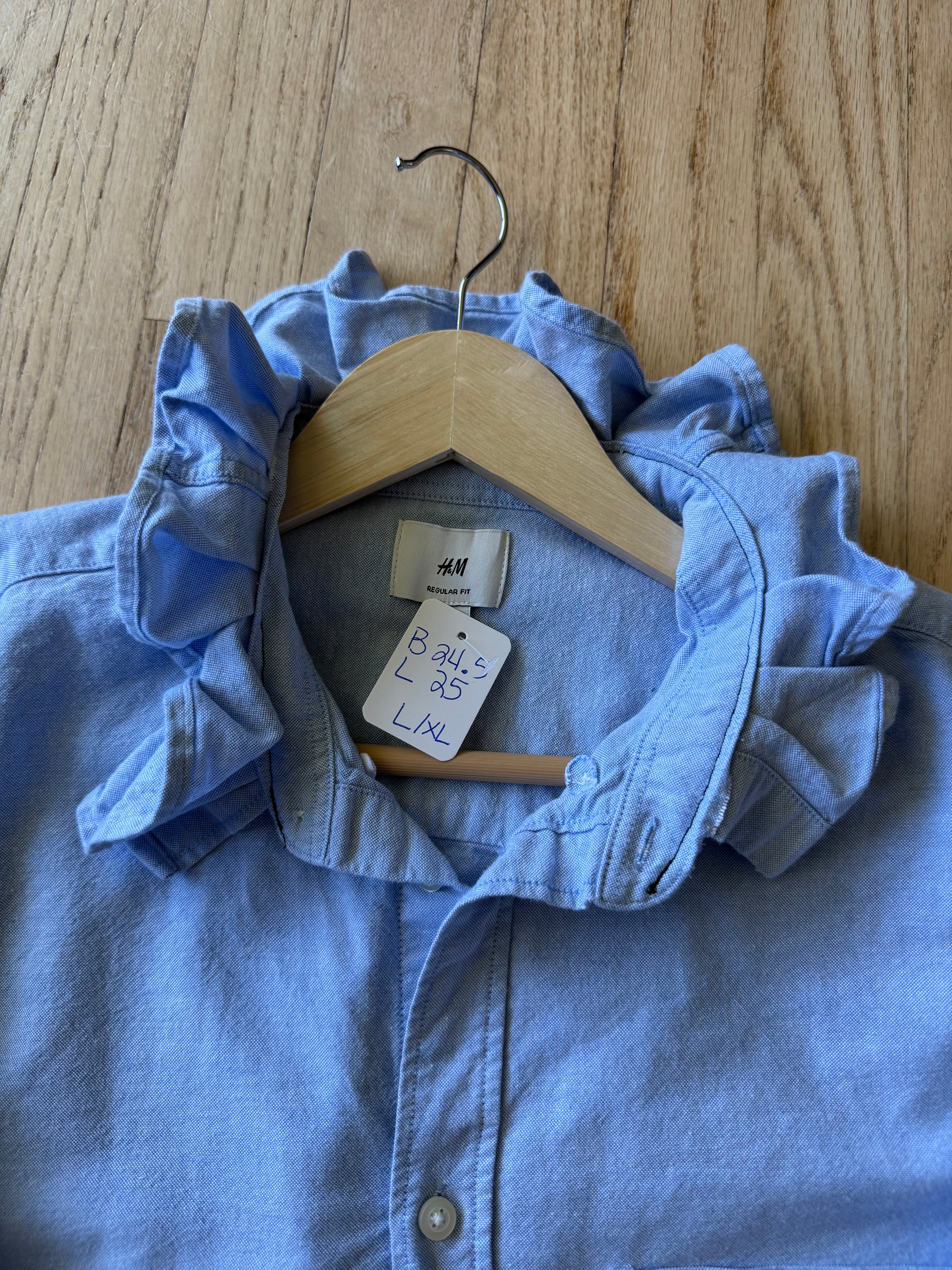 Basics - H&M Reworked Men’s Shirt with Ruffle Collar Chambray Women’s Size Large/XL