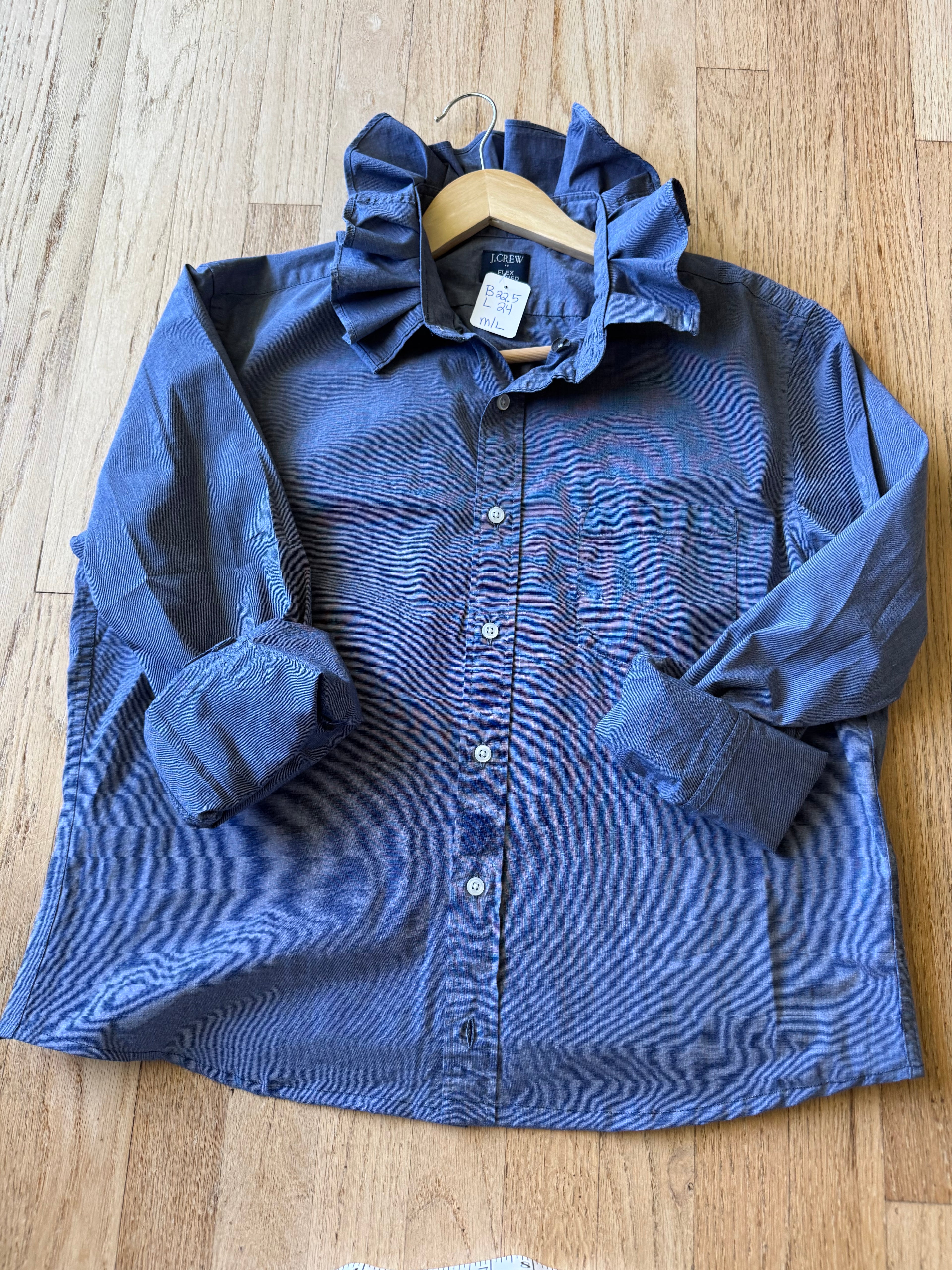 Basics - JCrew Reworked Men’s Shirt with Ruffle Collar Chambray Women’s Size Medium/Large