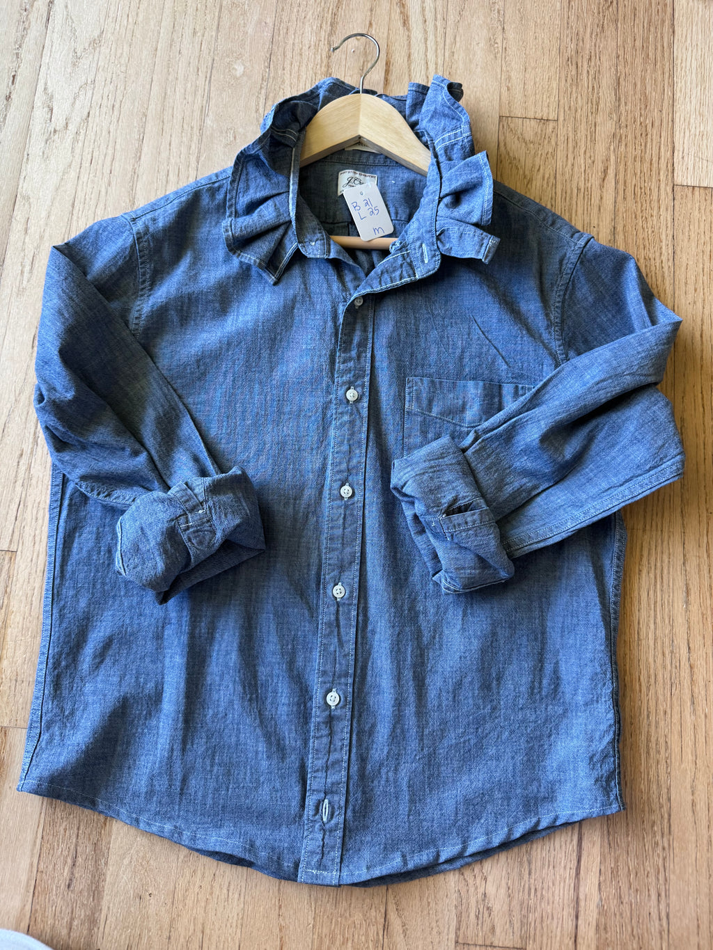 Basics - JCrew Reworked Men’s Shirt with Ruffle Collar Chambray Women’s Size Medium