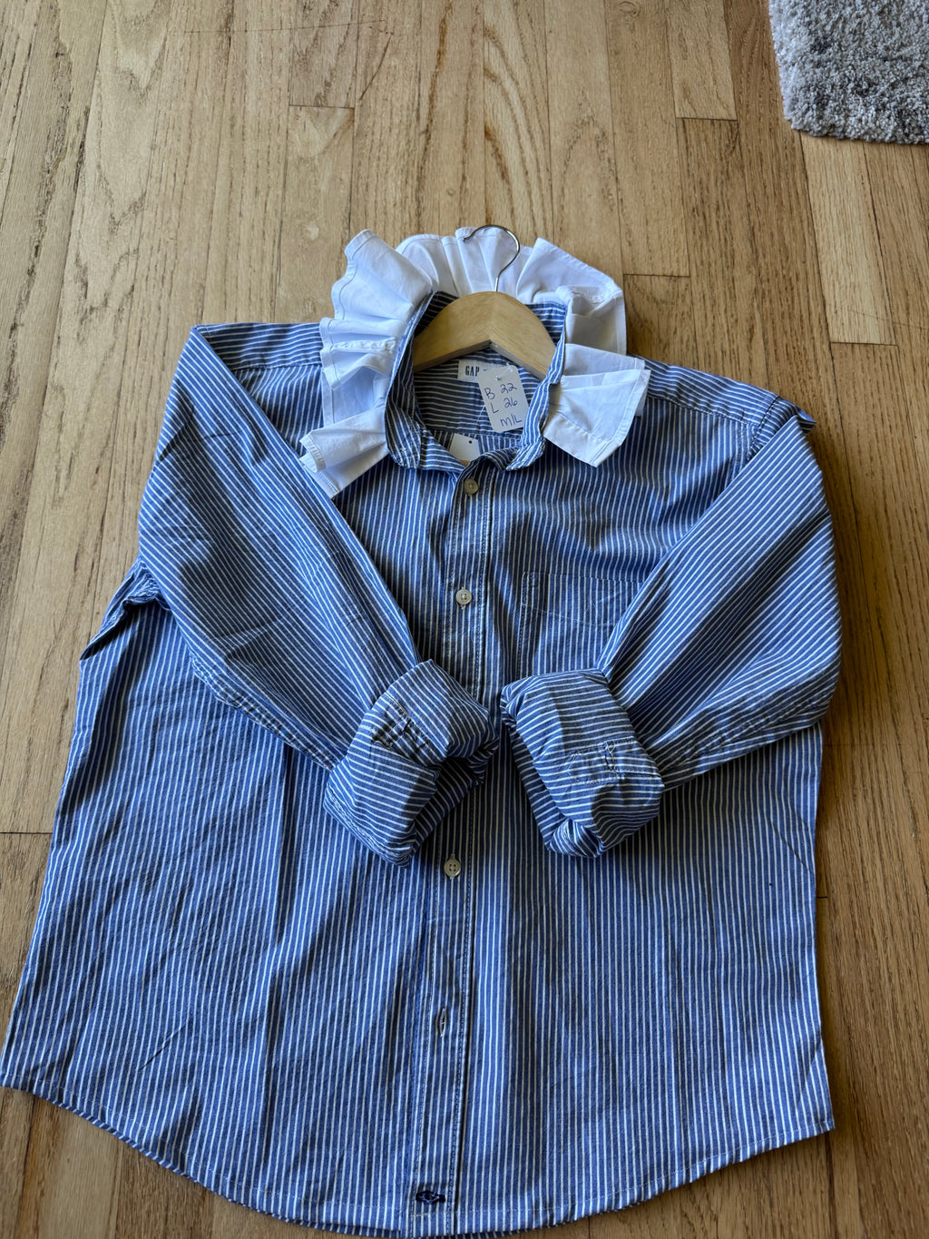 Basics - Brand New Gap Reworked Men’s Shirt with Ruffle Collar Blue Stripes with White Collar Women’s Size Medium/Large