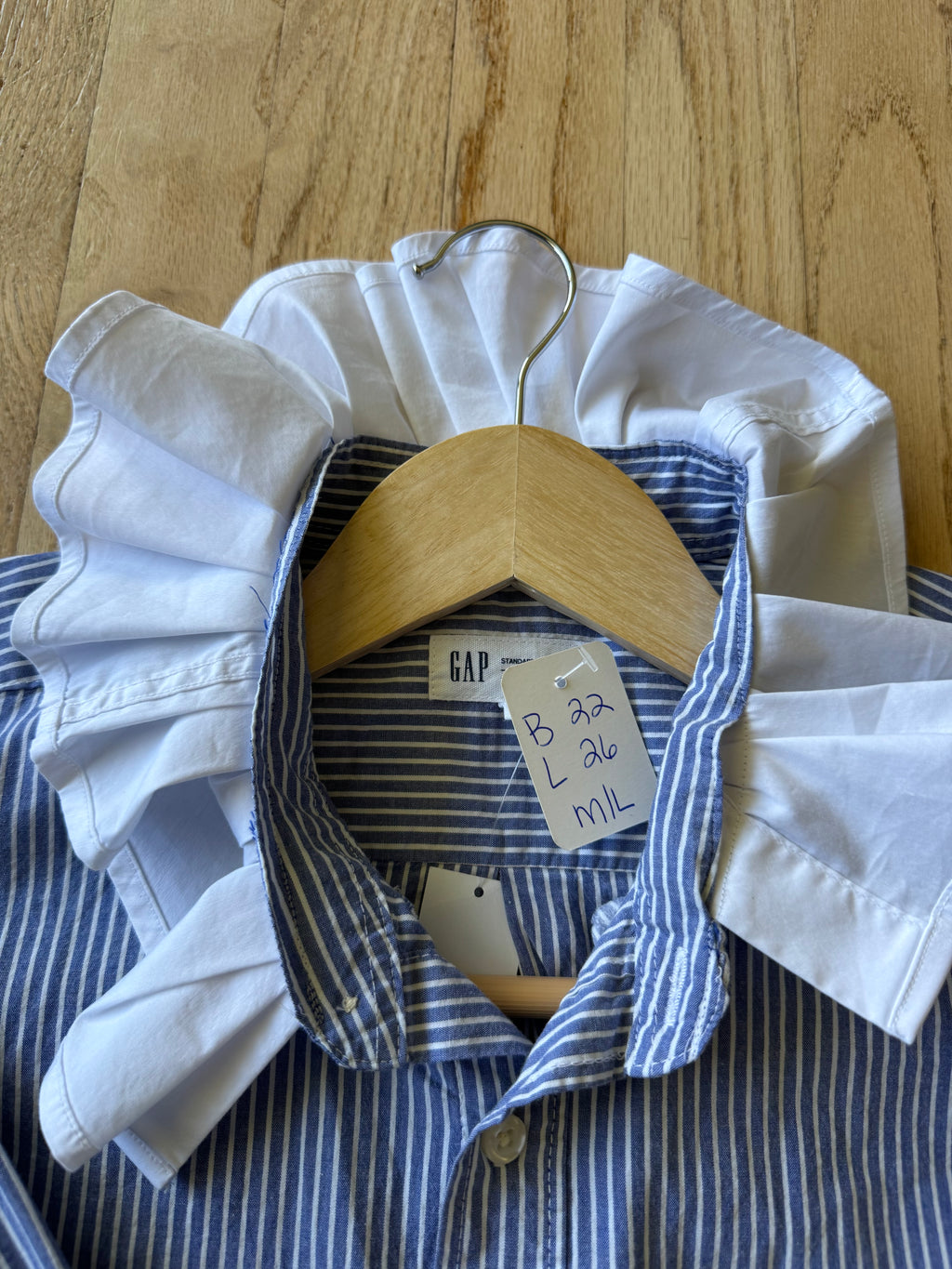 Basics - Brand New Gap Reworked Men’s Shirt with Ruffle Collar Blue Stripes with White Collar Women’s Size Medium/Large