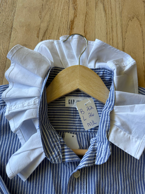 Basics - Brand New Gap Reworked Men’s Shirt with Ruffle Collar Blue Stripes with White Collar Women’s Size Medium/Large