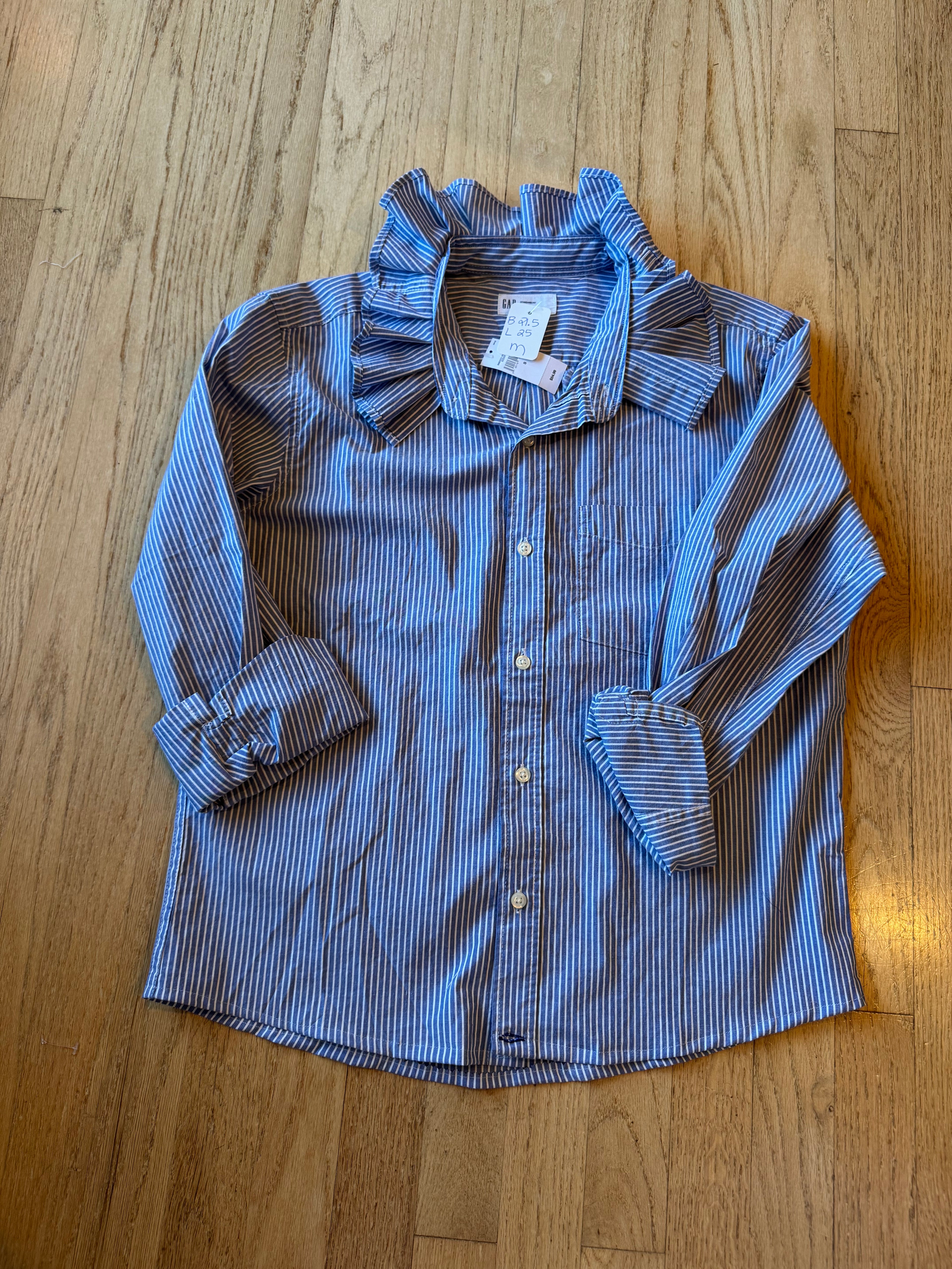 Basics - Brand New Gap Reworked Men’s Shirt with Ruffle Collar Blue with white stripes Women’s Size Medium
