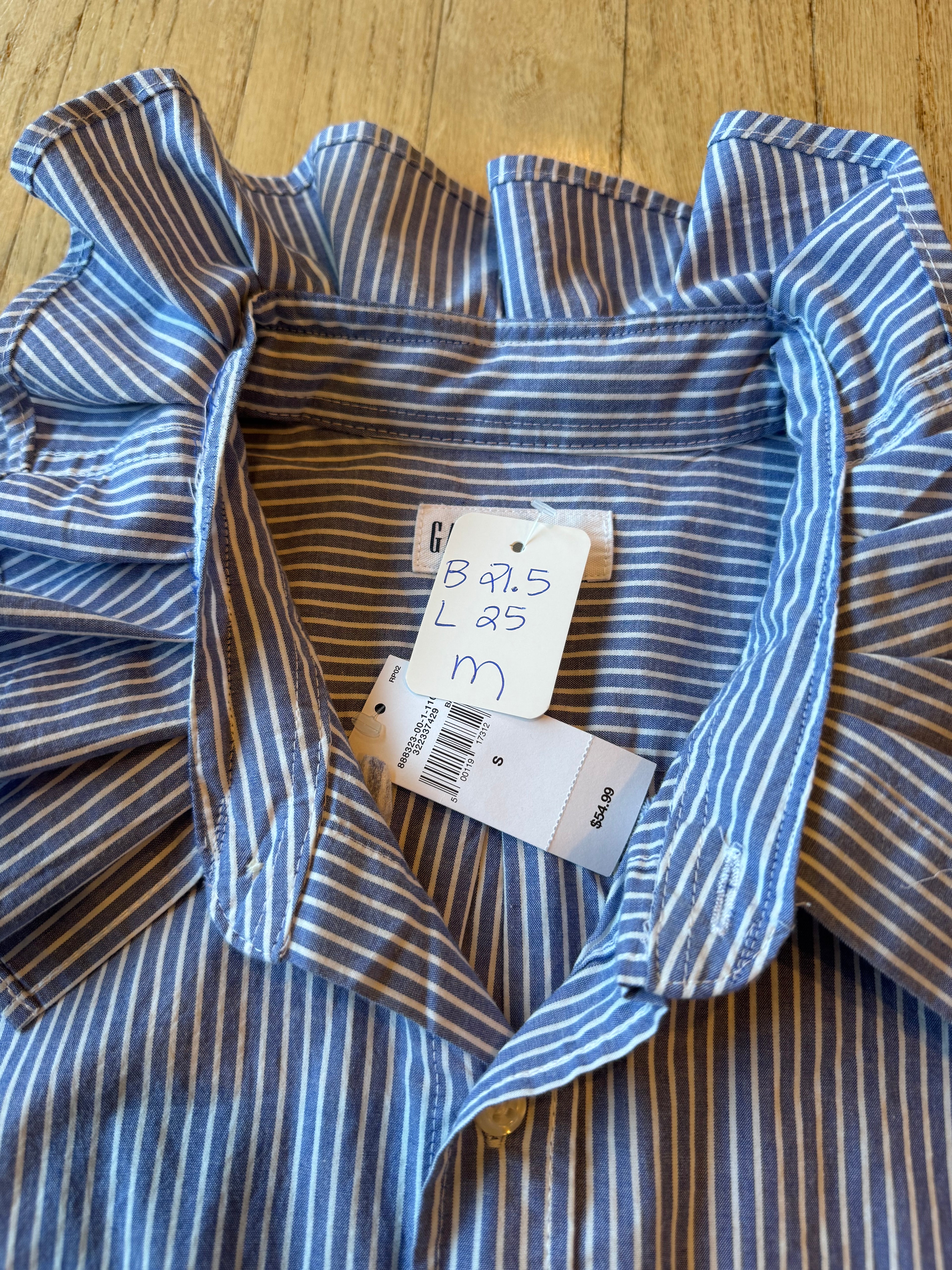 Basics - Brand New Gap Reworked Men’s Shirt with Ruffle Collar Blue with white stripes Women’s Size Medium