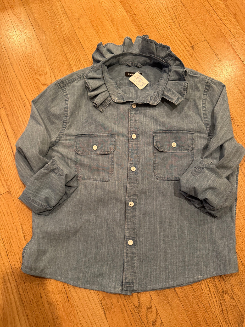 Basics - Express Reworked Men’s Shirt with Ruffle Collar Chambray Women’s Size Medium/Large