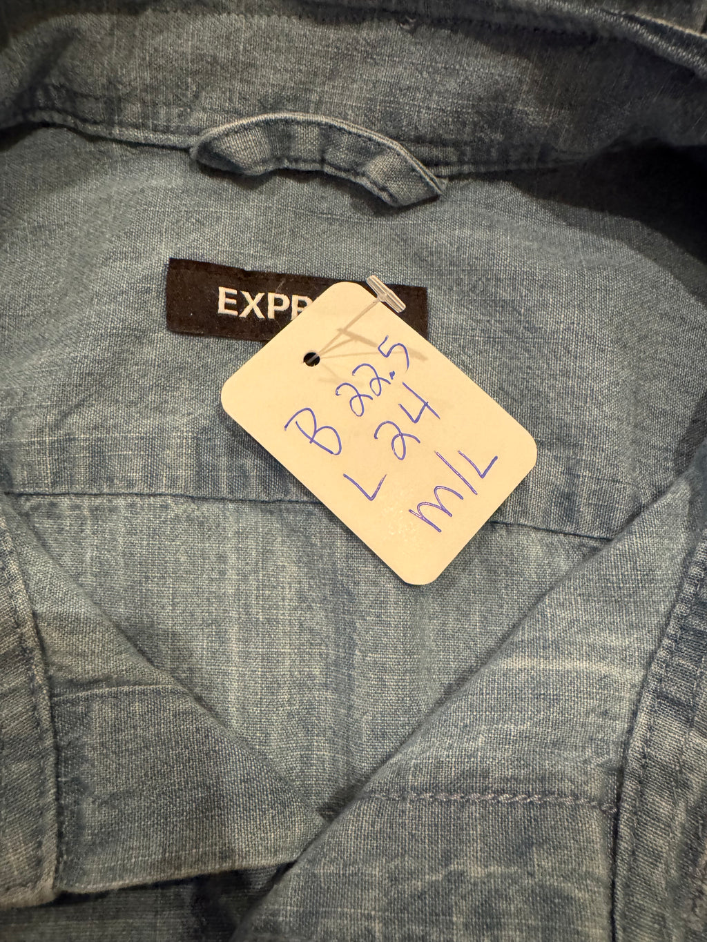 Basics - Express Reworked Men’s Shirt with Ruffle Collar Chambray Women’s Size Medium/Large
