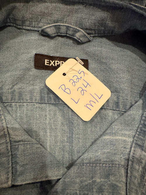 Basics - Express Reworked Men’s Shirt with Ruffle Collar Chambray Women’s Size Medium/Large