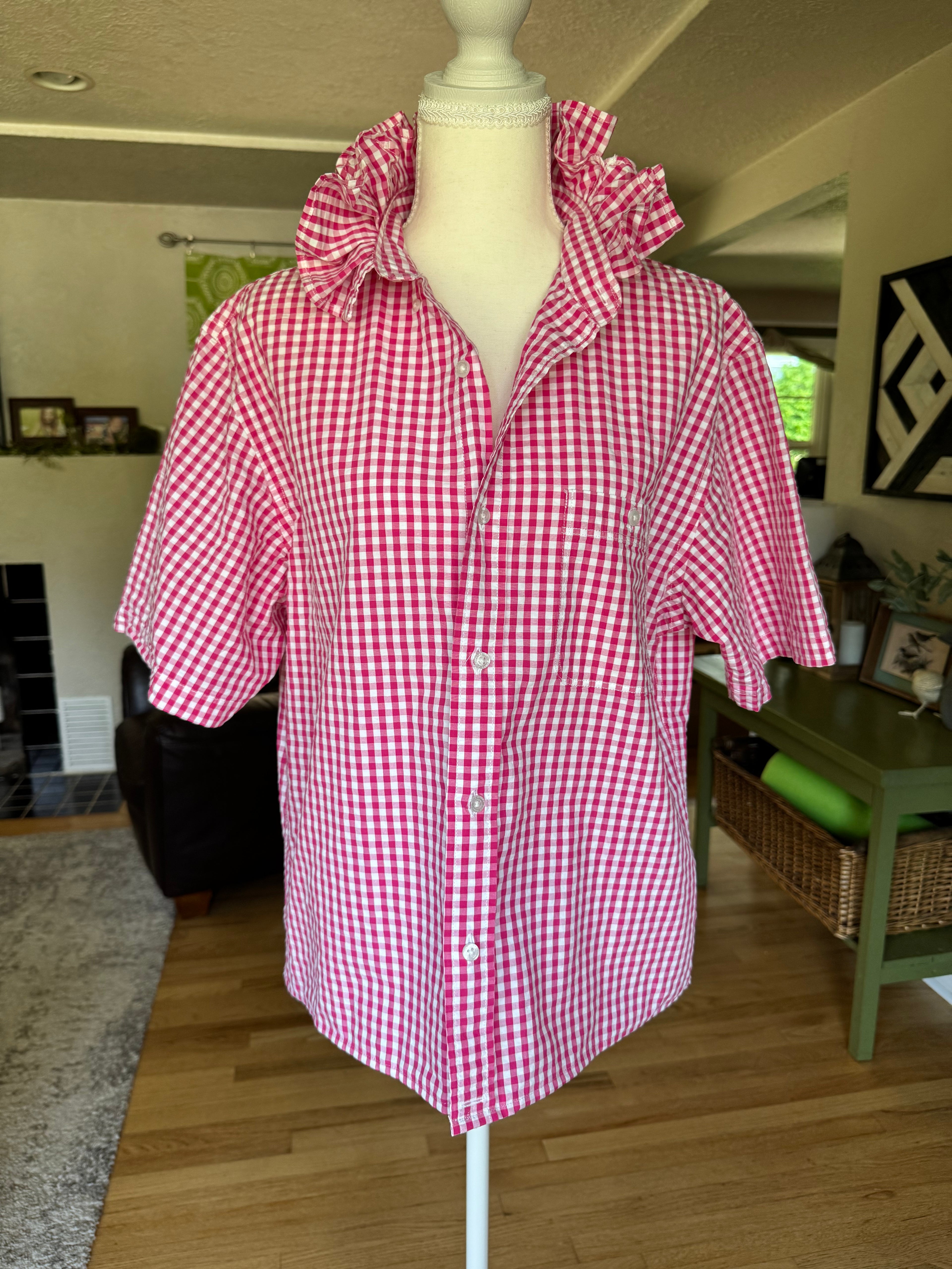 Gingham - Reworked Mens Dress shirts with ruffle Collar - Pink Seersucker - Size Large