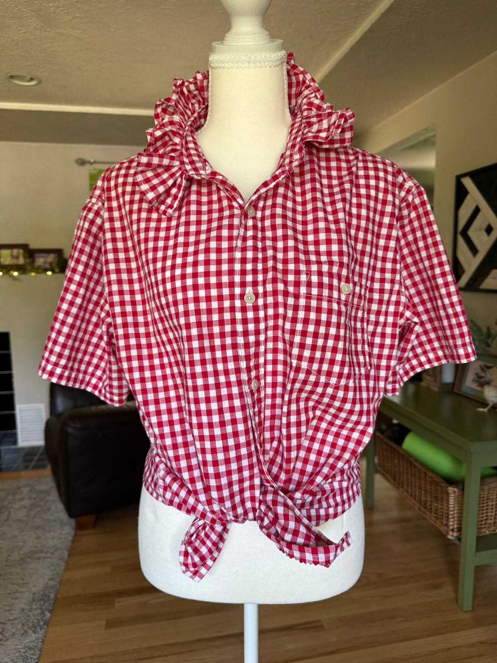 Gingham - Reworked Mens Dress shirts with ruffle Collar - Red - Size Medium