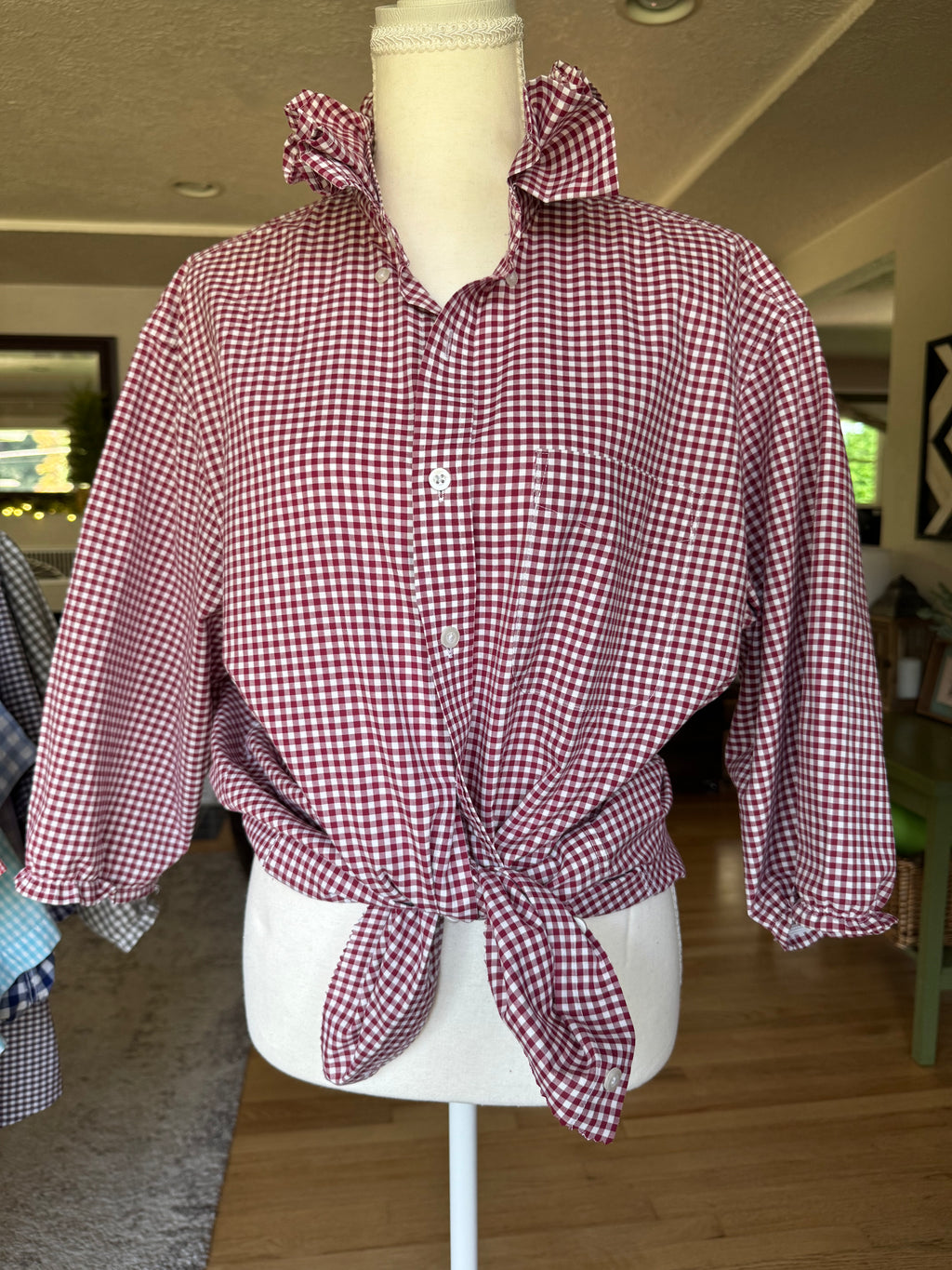 Gingham - Reworked Mens Dress shirts with ruffle Collar - Dark Cherry Red - Size Large