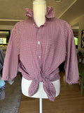 Gingham - Reworked Mens Dress shirts with ruffle Collar - Dark Cherry Red - Size Large