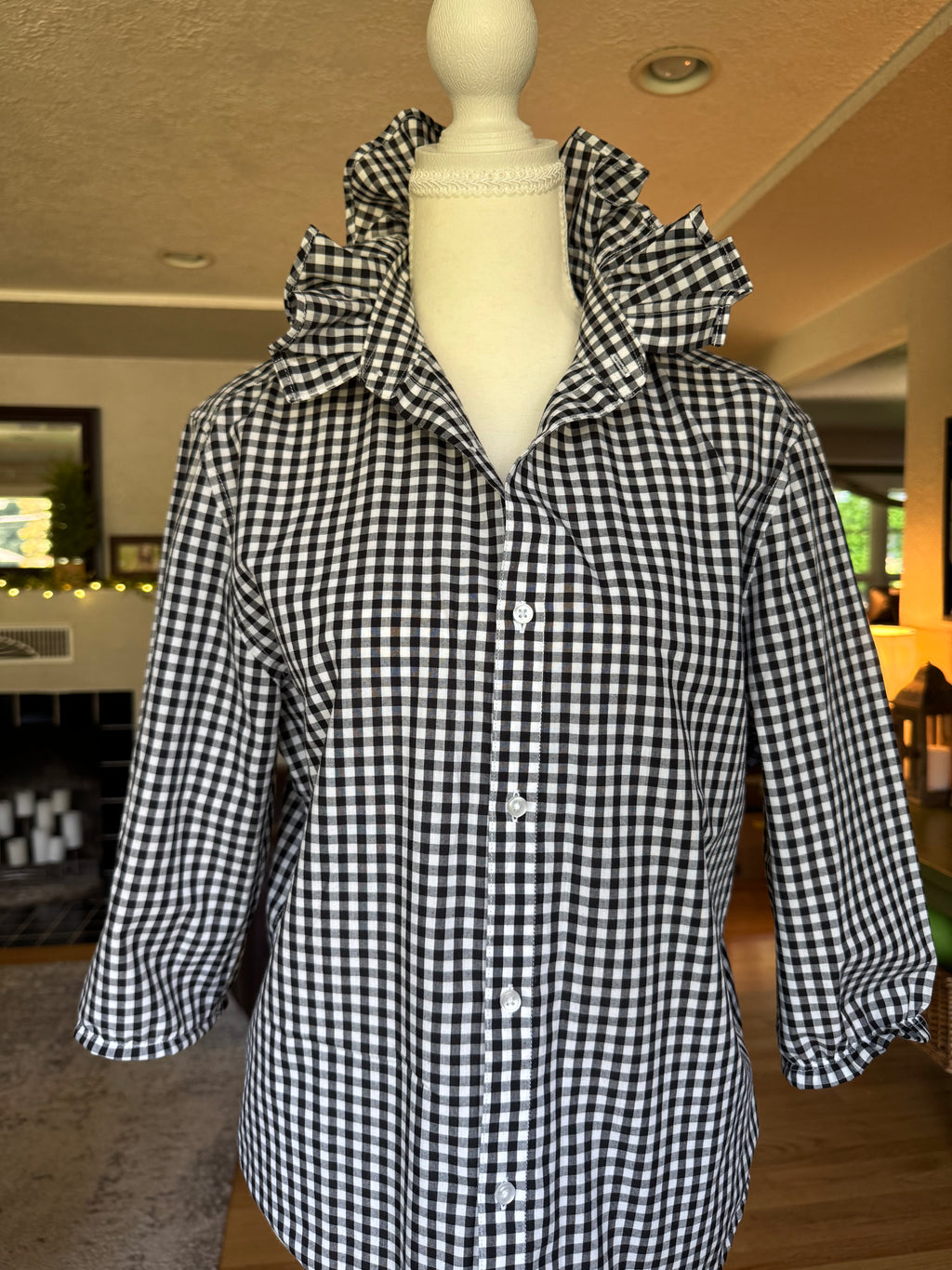 Gingham  - Reworked Mens Dress shirts with ruffle Collar - Black - Size Small
