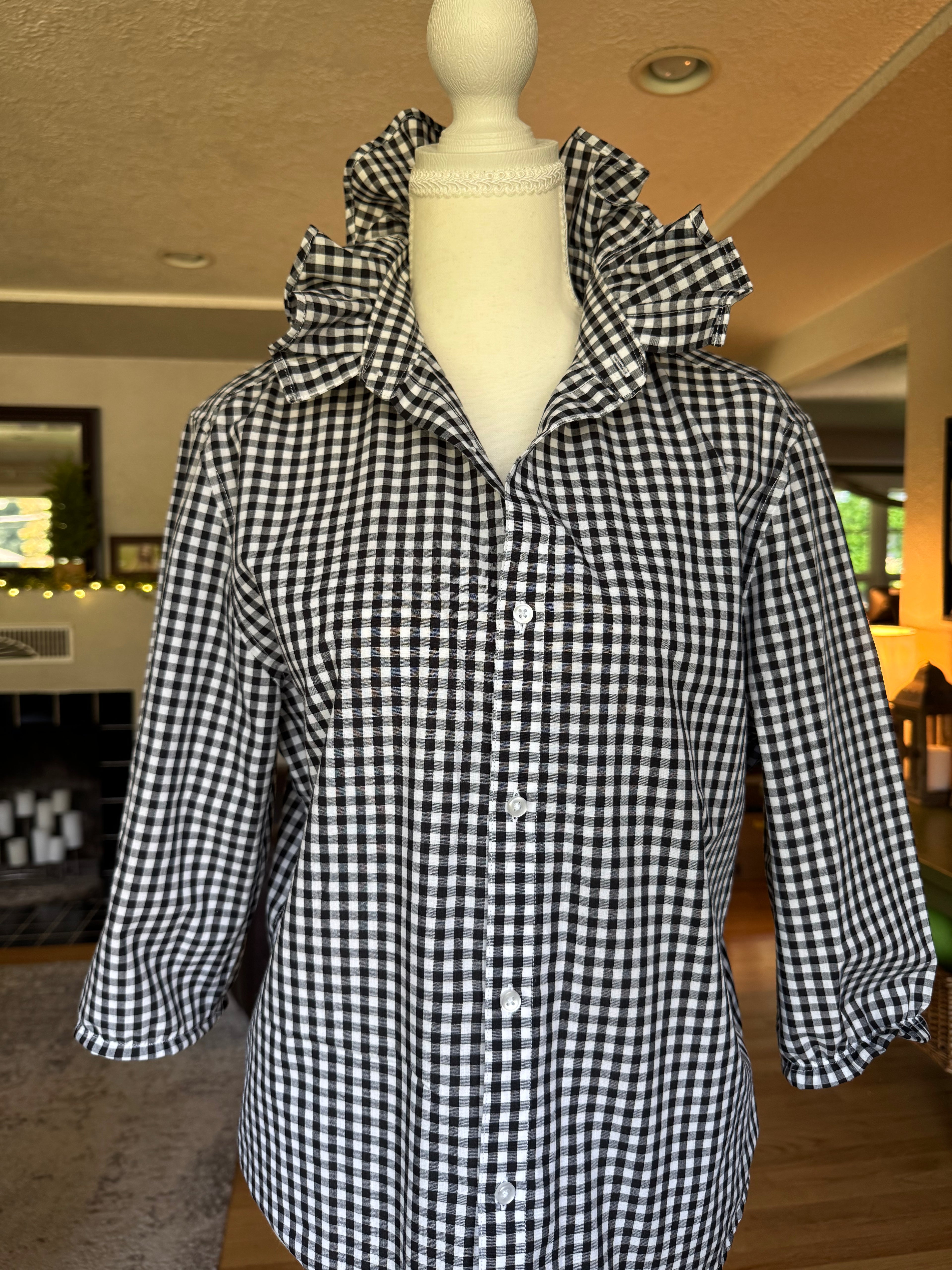 Gingham  - Reworked Mens Dress shirts with ruffle Collar - Black - Size Small