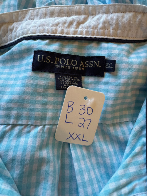 Gingham  - Reworked Mens Dress shirts with ruffle Collar - Turquoise - Size XXL