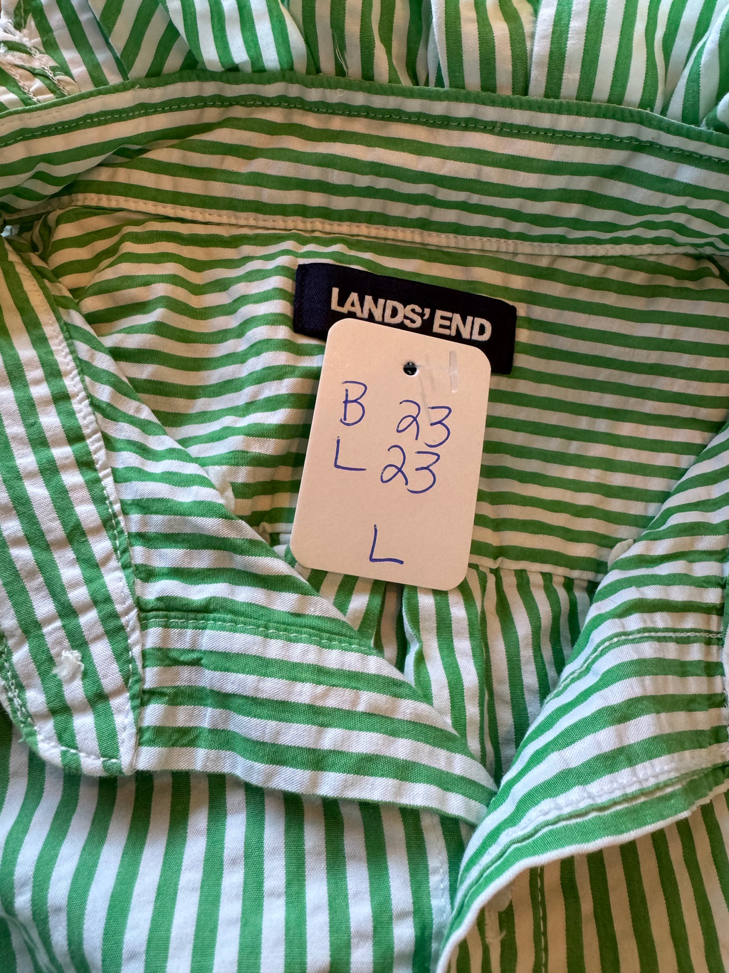 Gingham (well it's stripes actually) - Reworked Mens Dress shirts with ruffle Collar - Green Seersucker - Size Large