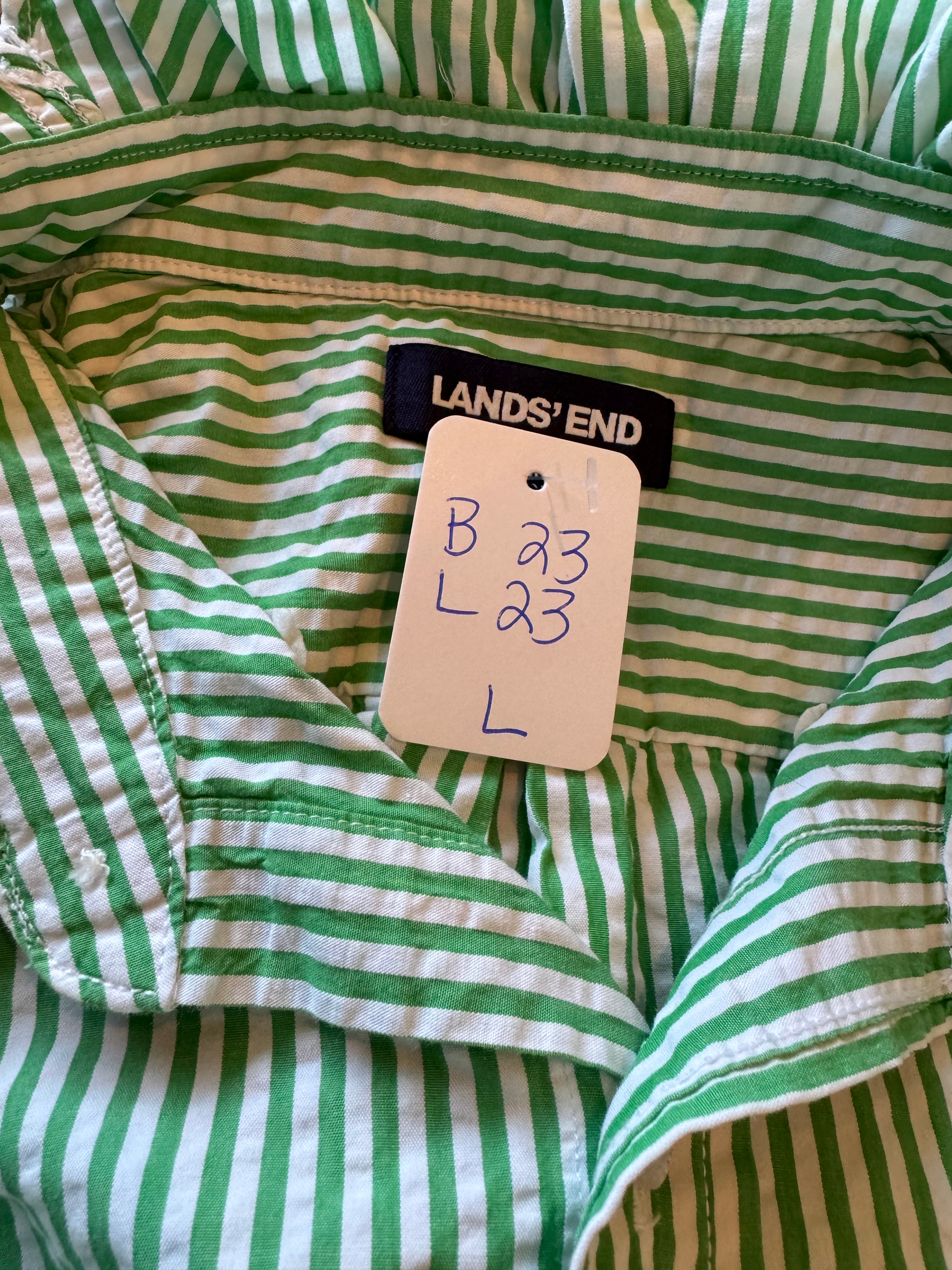 Gingham (well it's stripes actually) - Reworked Mens Dress shirts with ruffle Collar - Green Seersucker - Size Large
