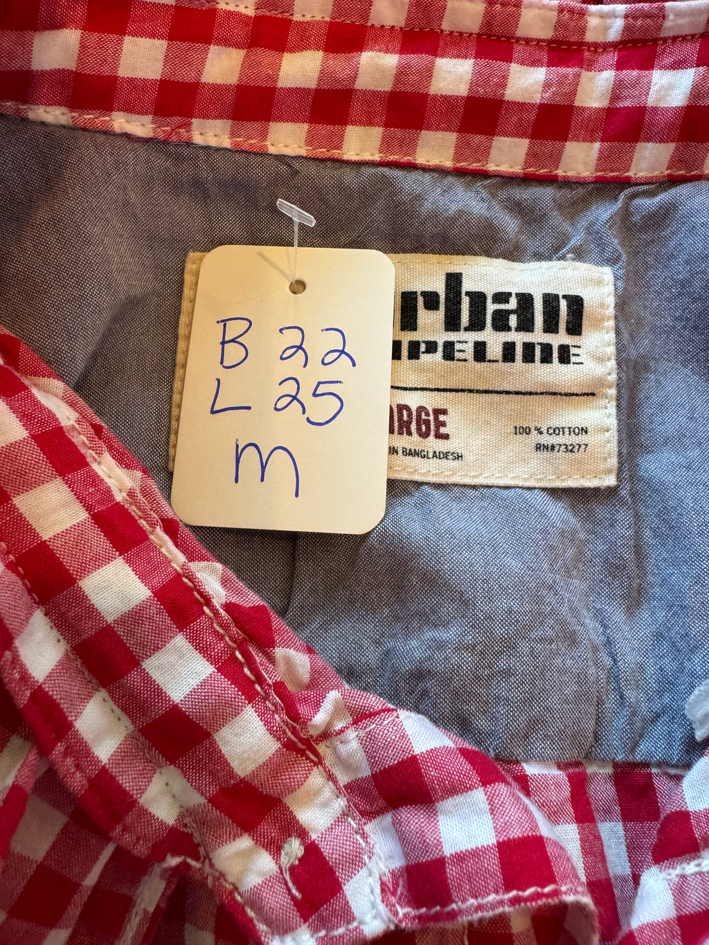 Gingham - Reworked Mens Dress shirts with ruffle Collar - Red - Size Medium