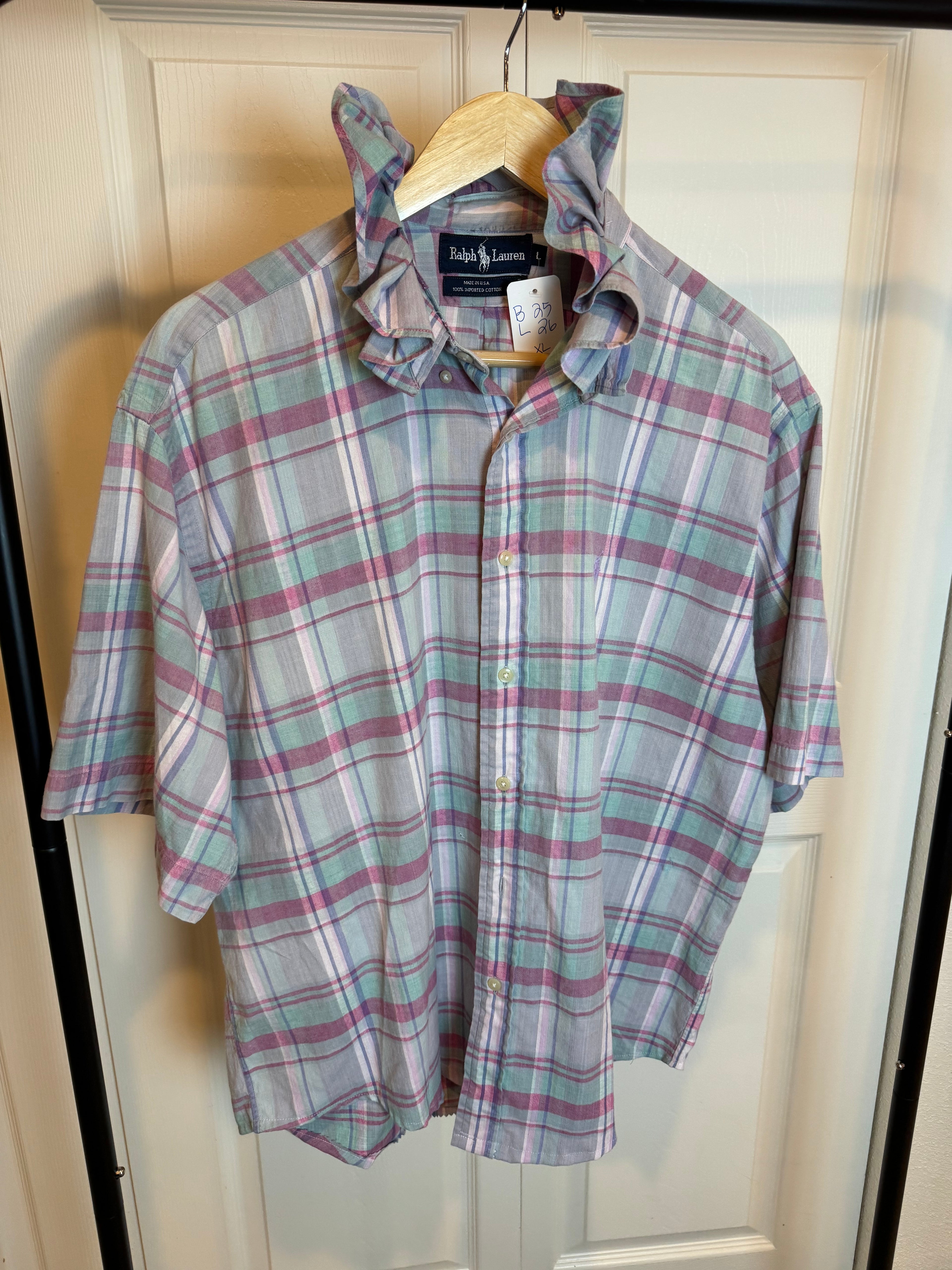 Ralph Lauren - Pastel Plaid - Short Sleeve - Ruffle Collar - Size XL