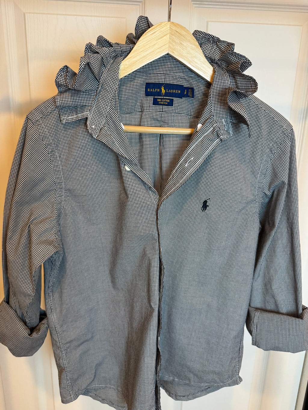 Ralph Lauren - Black and White Gingham - Long Sleeve - Ruffle Collar - Medium