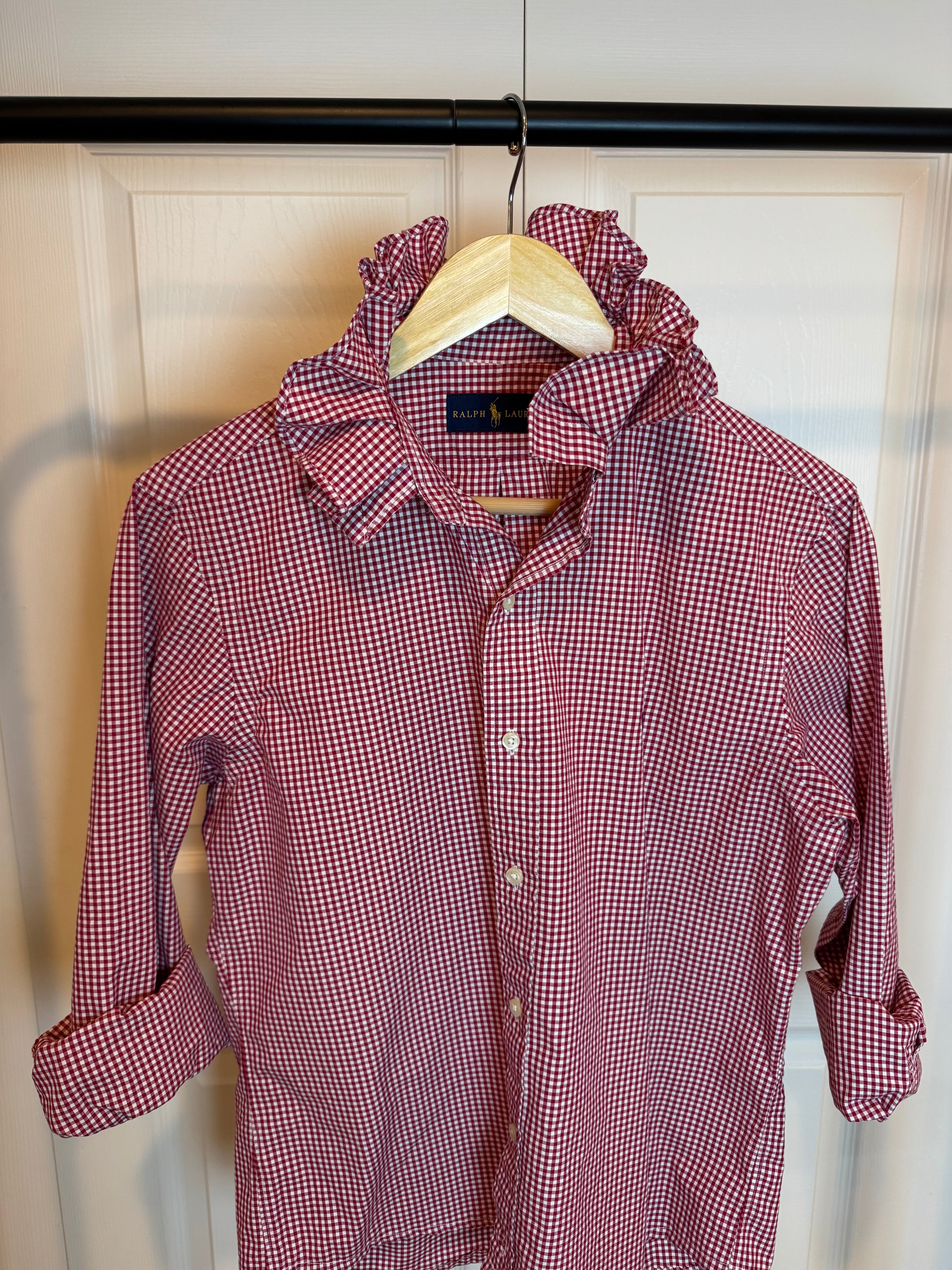 Ralph Lauren - Red and White Gingham - Long Sleeve - Ruffle Collar - Medium