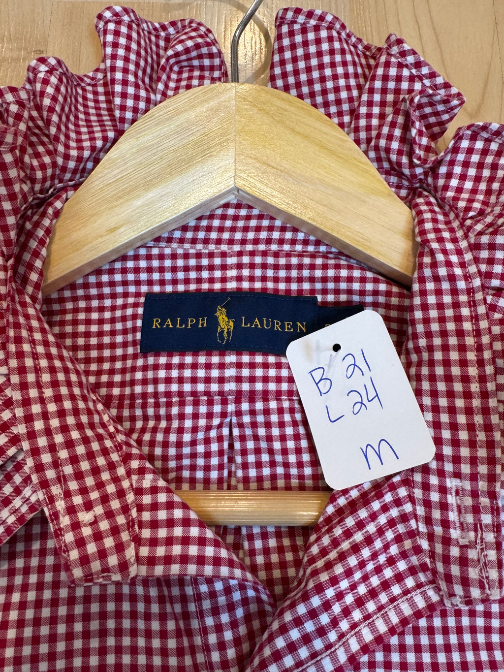 Ralph Lauren - Red and White Gingham - Long Sleeve - Ruffle Collar - Medium