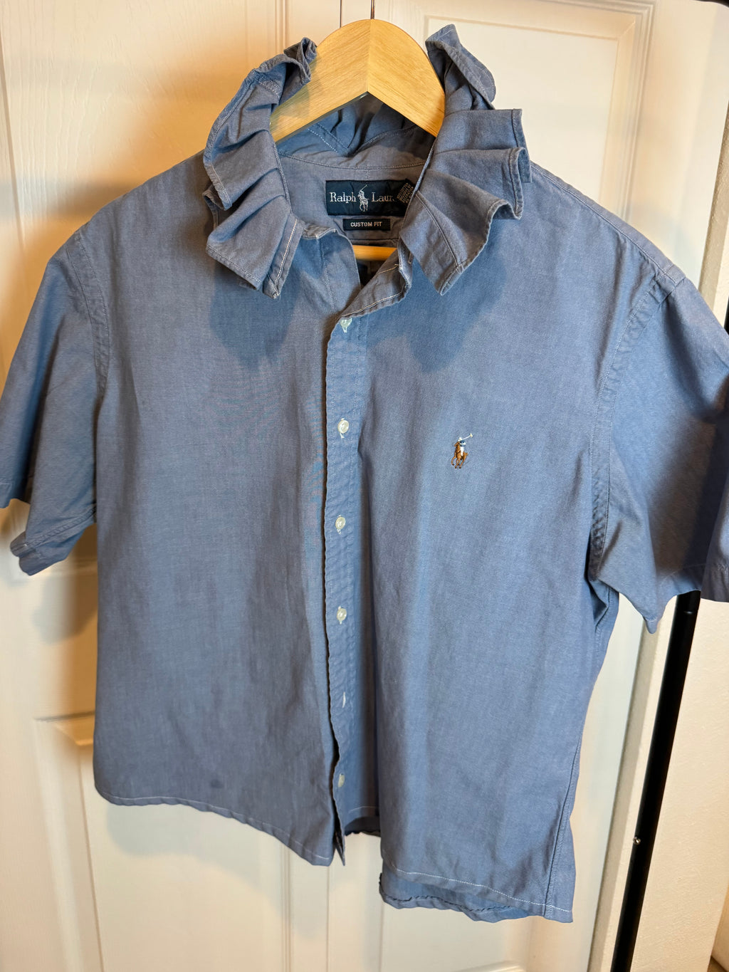 Ralph Lauren - Chambray Denim - Short Sleeve - Ruffle Collar - Large