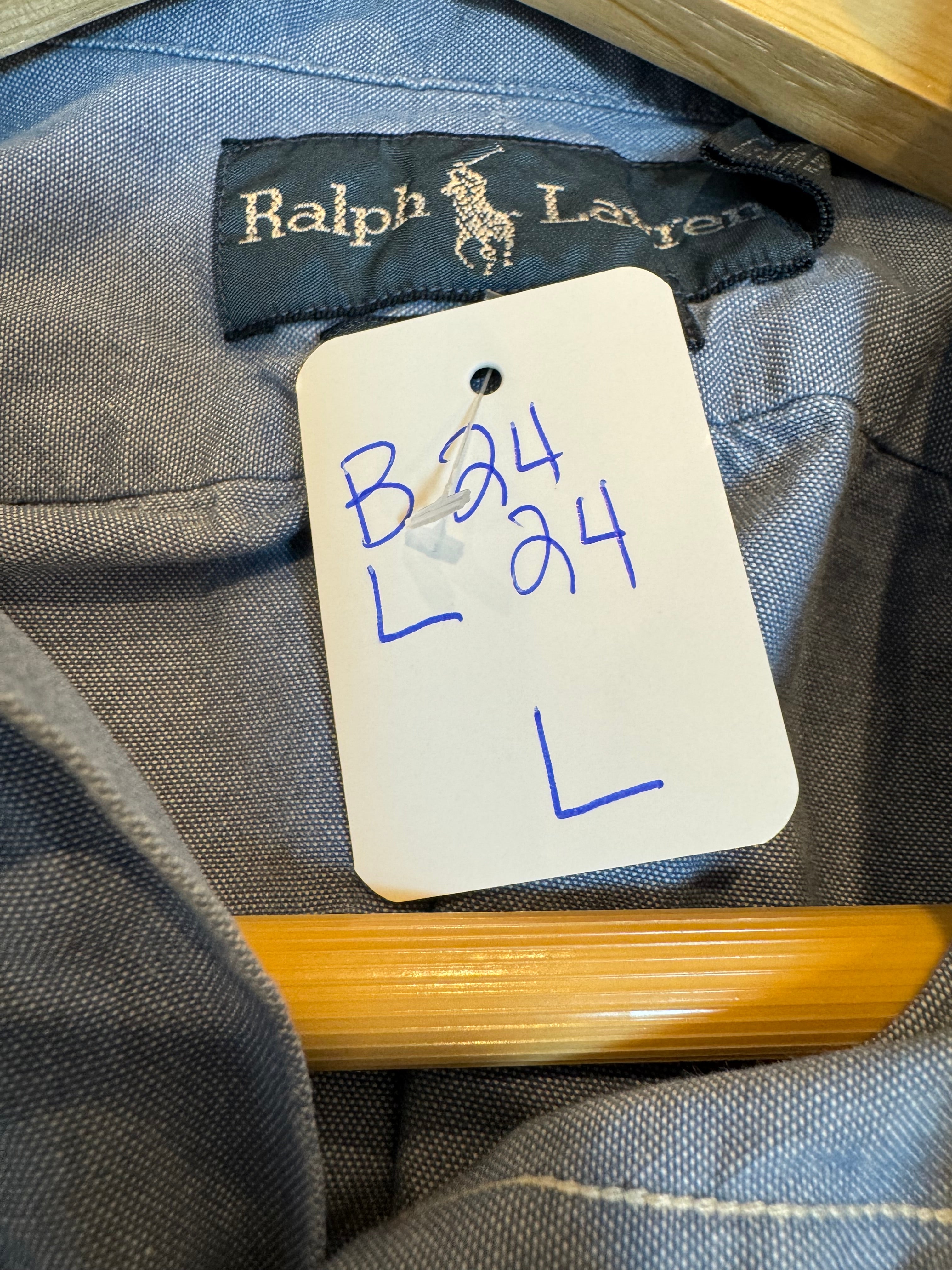 Ralph Lauren - Chambray Denim - Short Sleeve - Ruffle Collar - Large