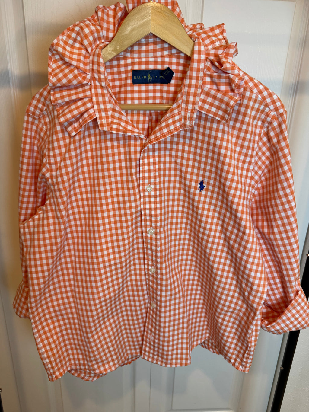 Ralph Lauren - Orange Gingham - Long Sleeve - Ruffle Collar - Large