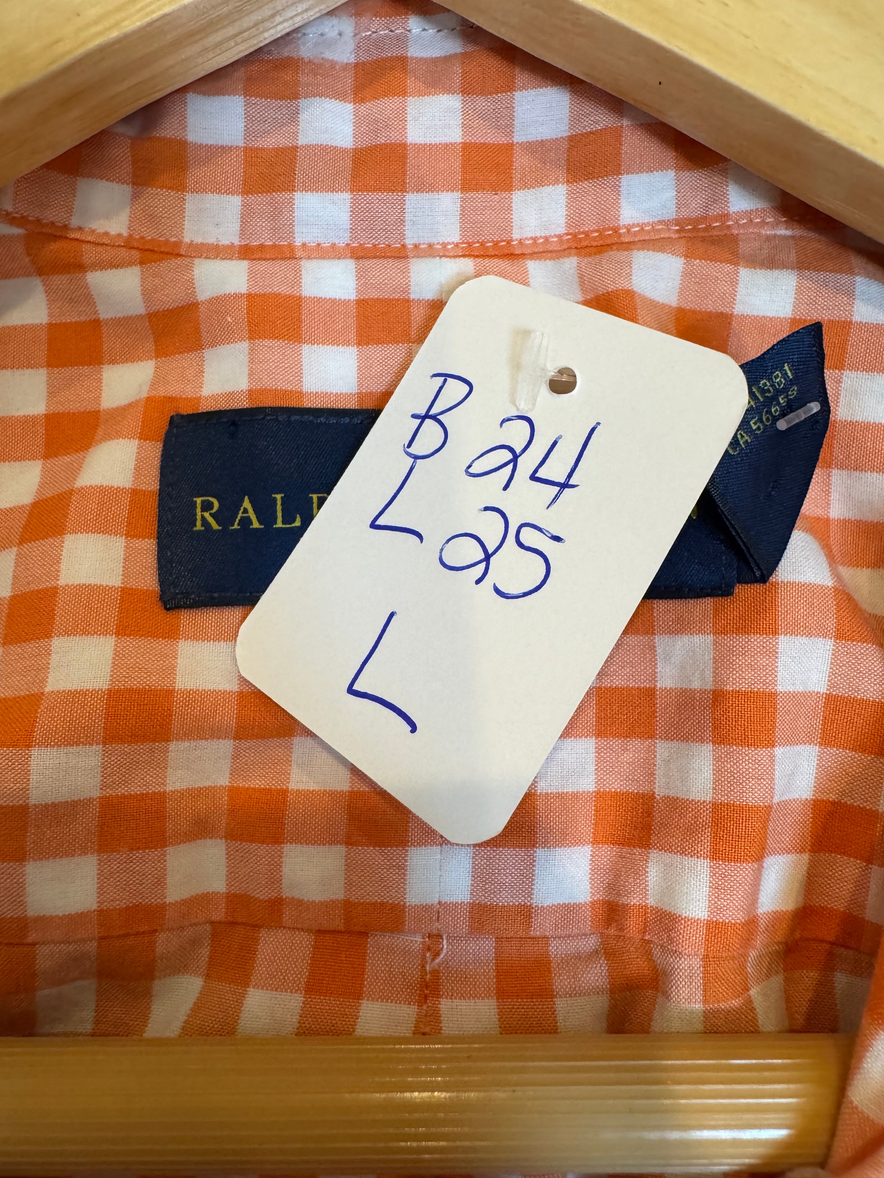 Ralph Lauren - Orange Gingham - Long Sleeve - Ruffle Collar - Large