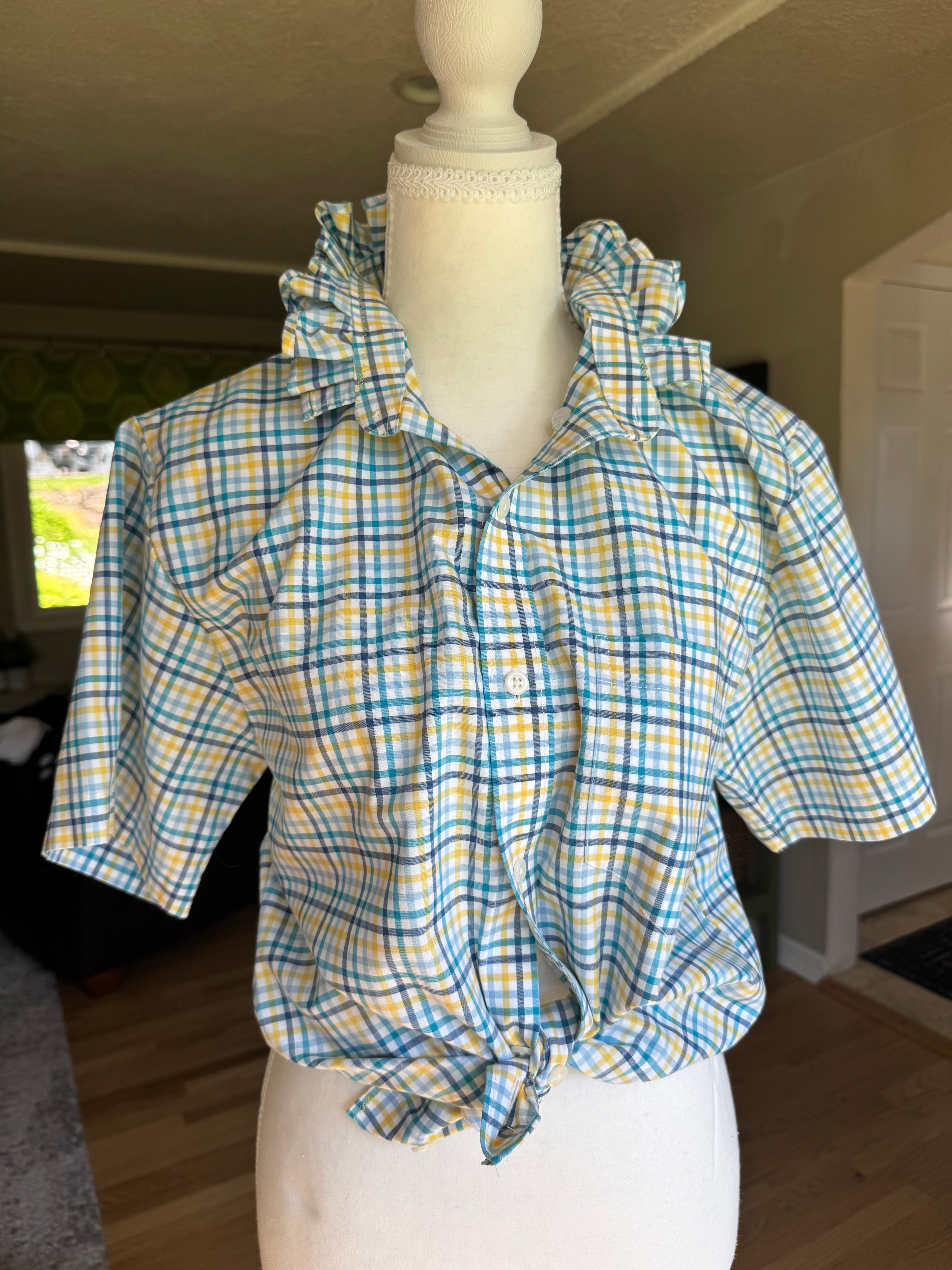 Brooke - LL Bean Short Sleeved Mens Upcycled Ruffle Shirt - yellow and blue plaid, size small/medium