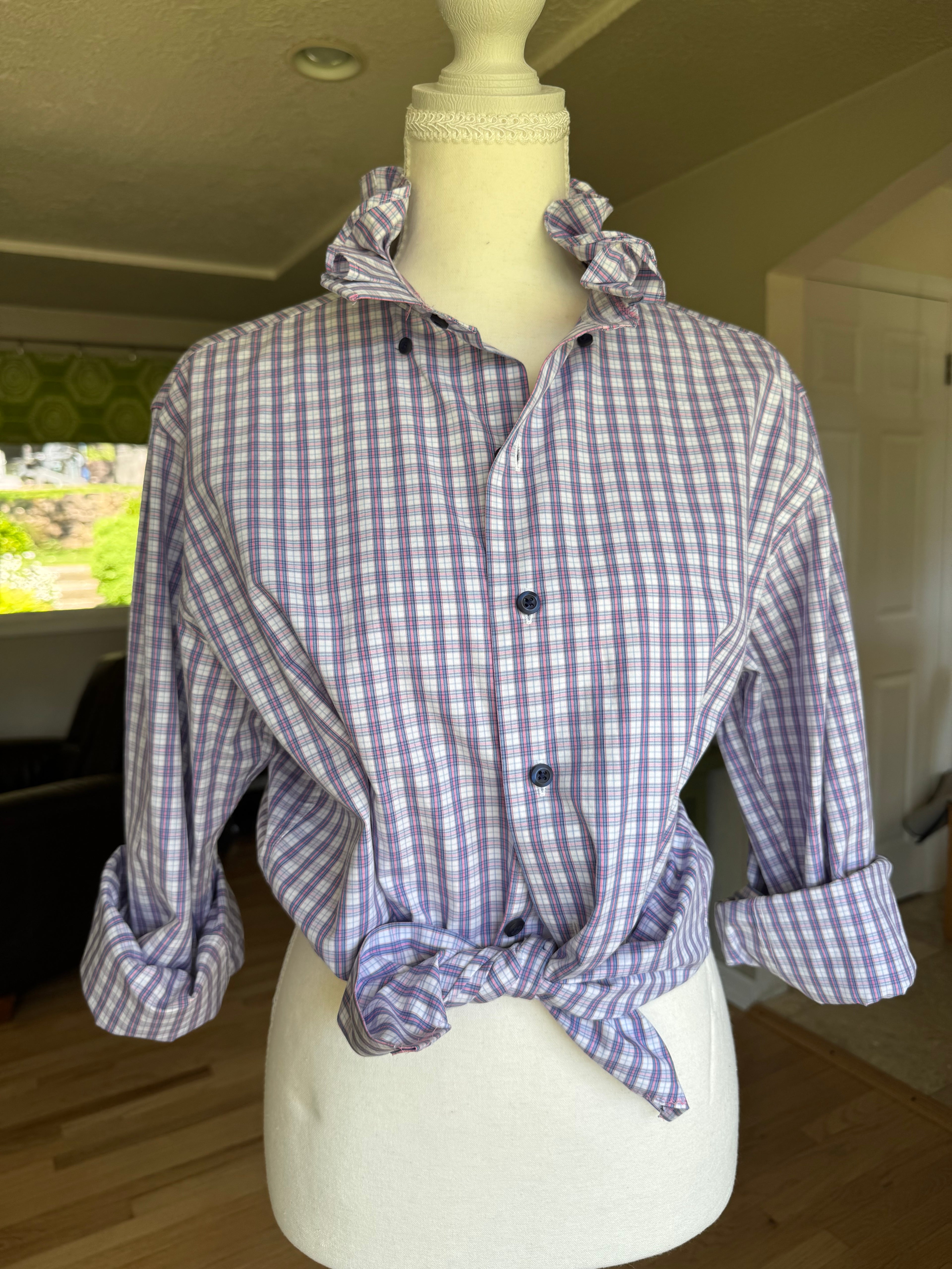 Olivia - David Donahue Ruffle Shirt - Pastel Plaid - size Large/Extra Large
