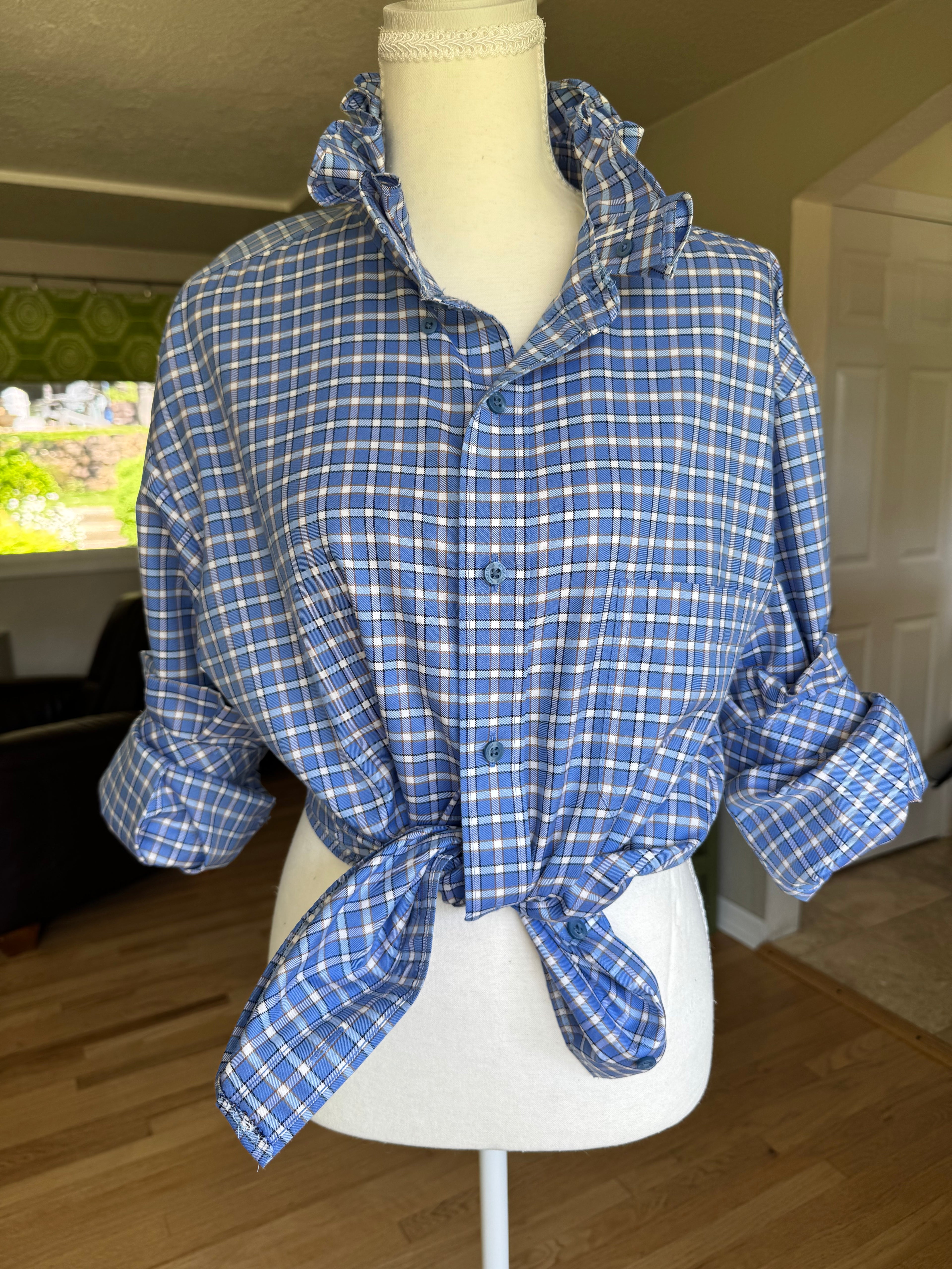 Riley - Nordstrom Ruffle Shirt - Blue/Tan/Navy/White Plaid - Size Medium/Large