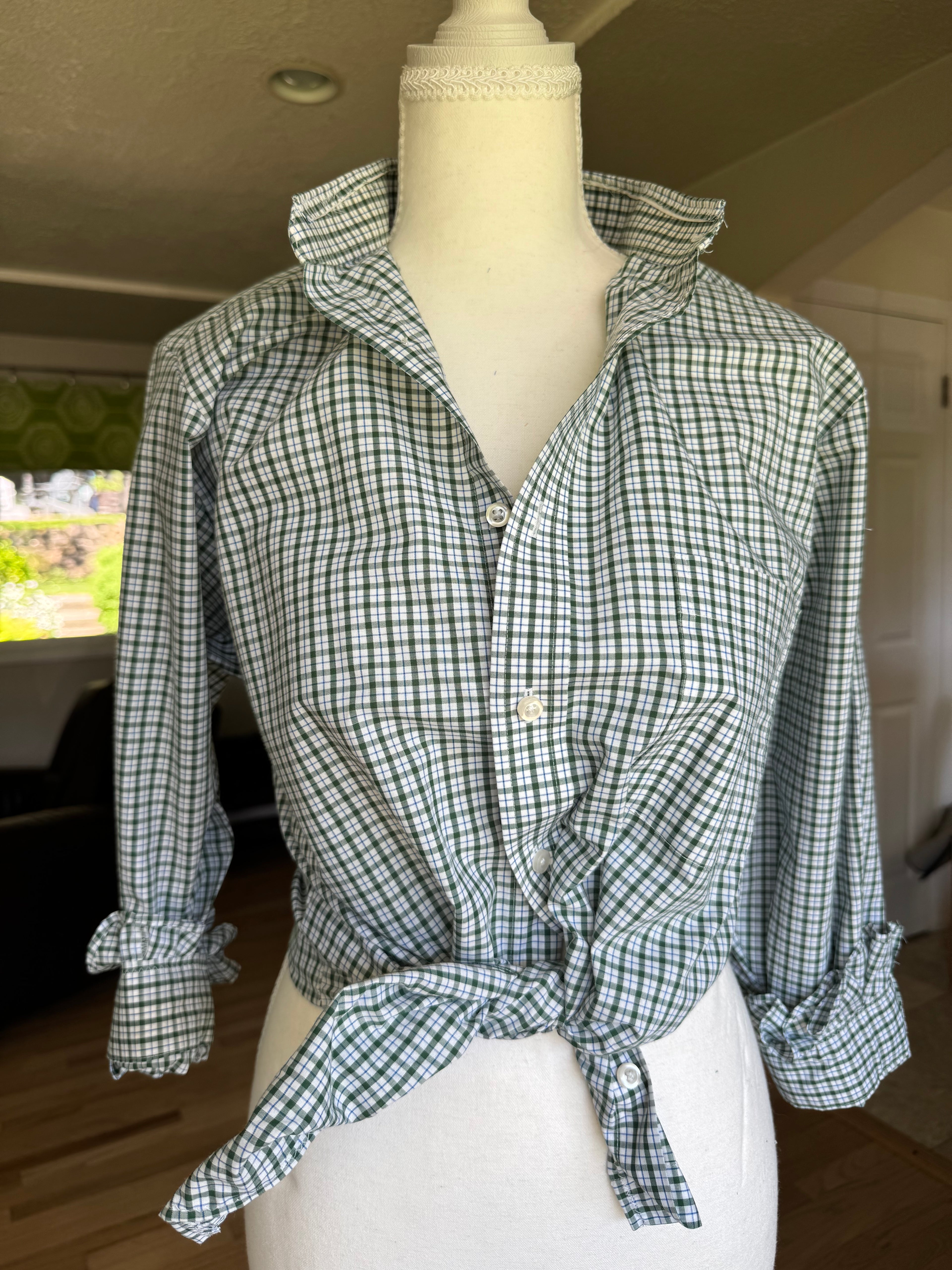Zoey - Stafford Mens Upcycled Cropped Collar Ruffle SleeveShirt - Forest Green Checkered - Size Medium