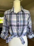 Natalie - Mens Upcycled Ruffle Sleeve Shirt - Lavendar Plaid - size Small/Medium