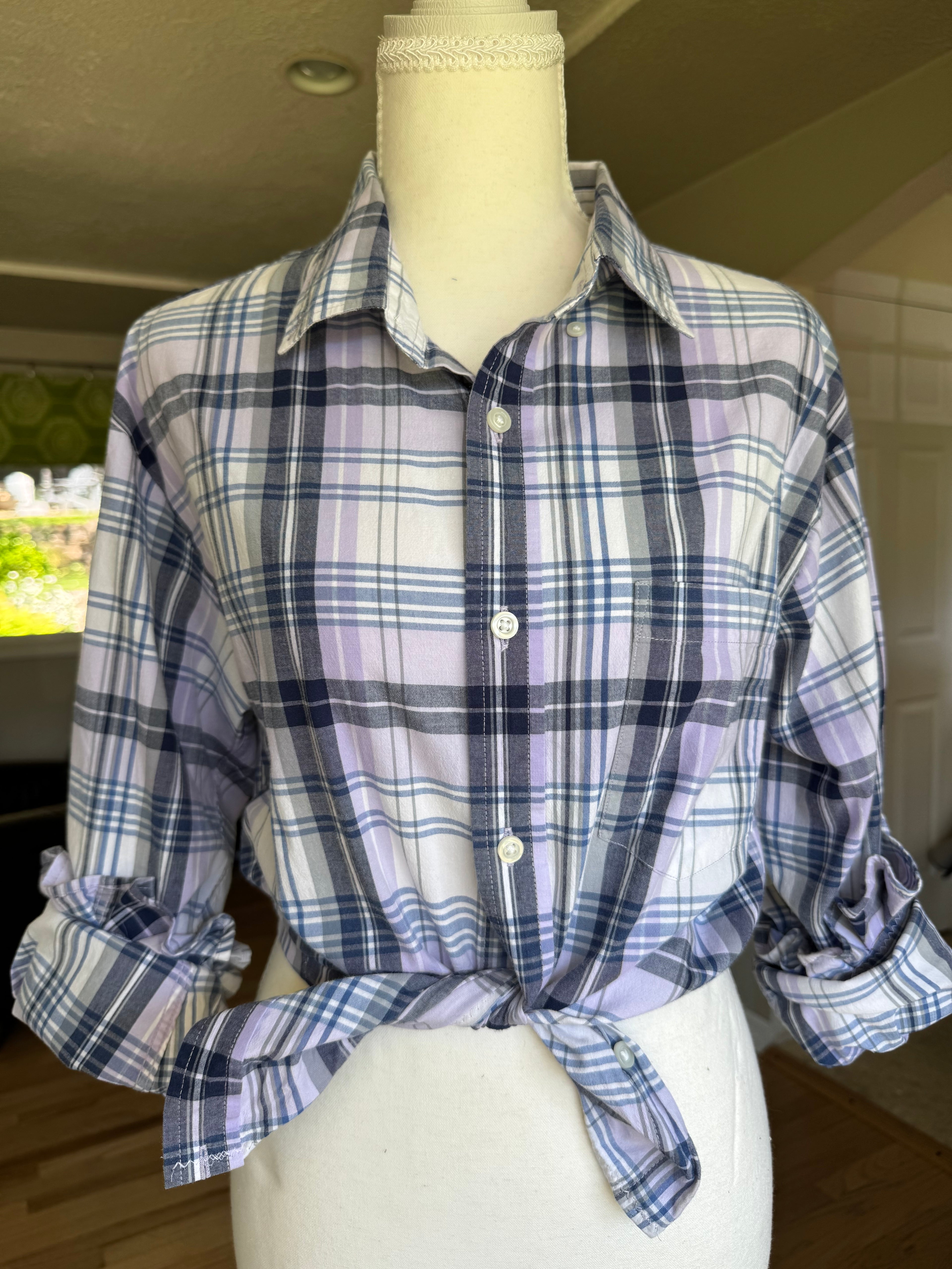 Natalie - Mens Upcycled Ruffle Sleeve Shirt - Lavendar Plaid - size Small/Medium