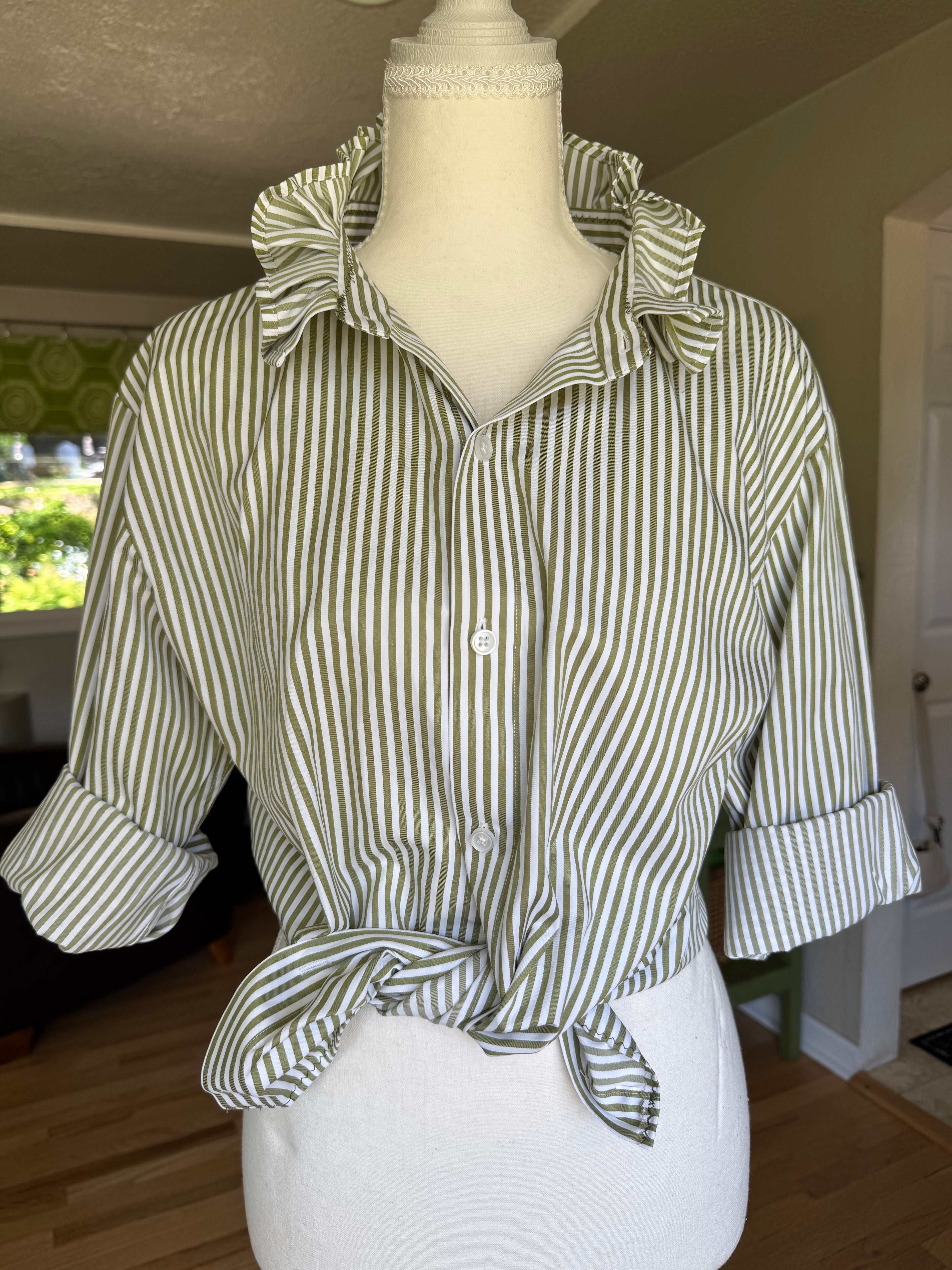 Tate - Mens Upcycled Ruffle Shirt - Olive green stripe - Size Medium