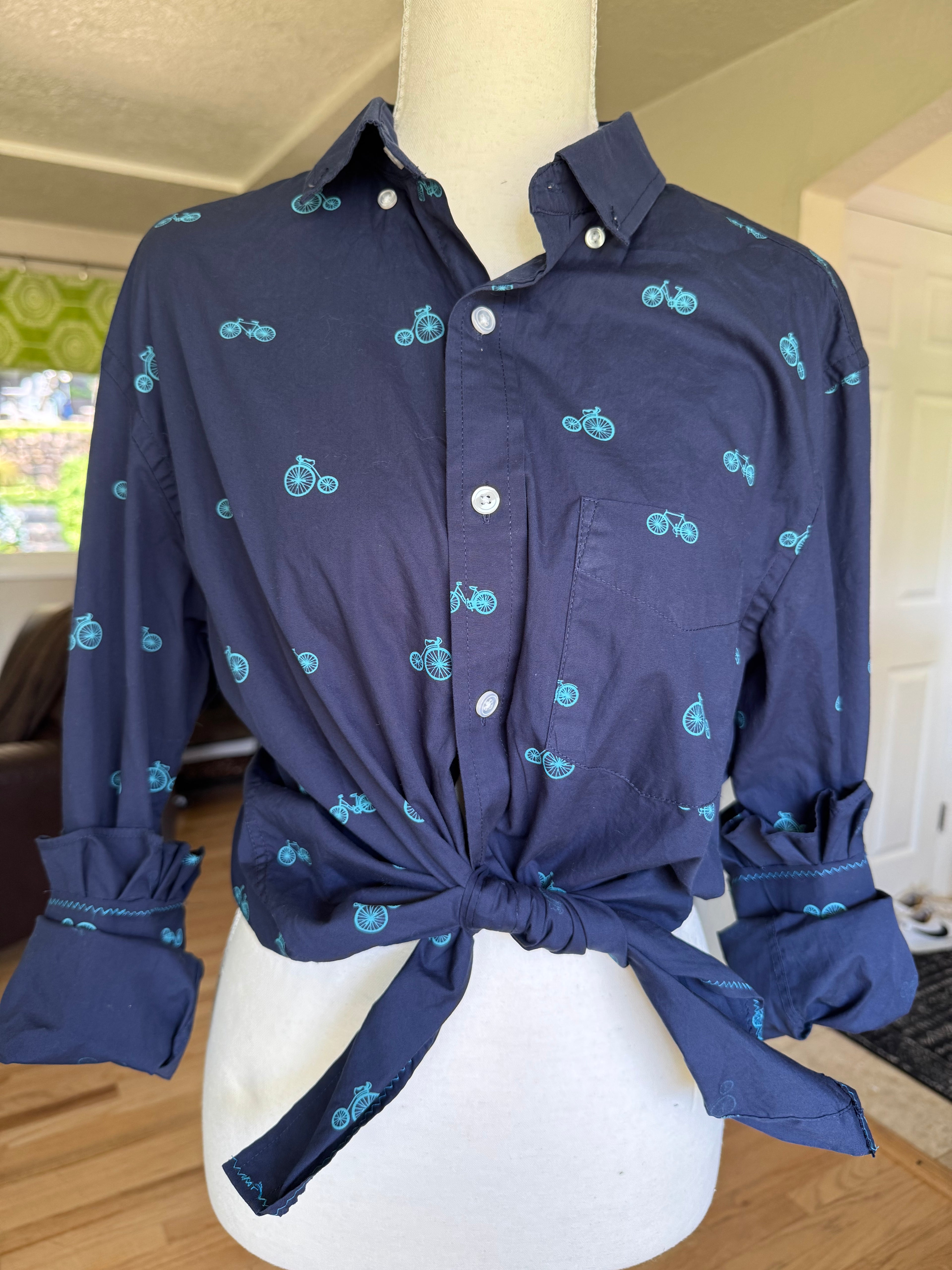 Blair - Club Room Upcycled Mens Shirt - Navy with Turquoise Bicycles- Size L/XL